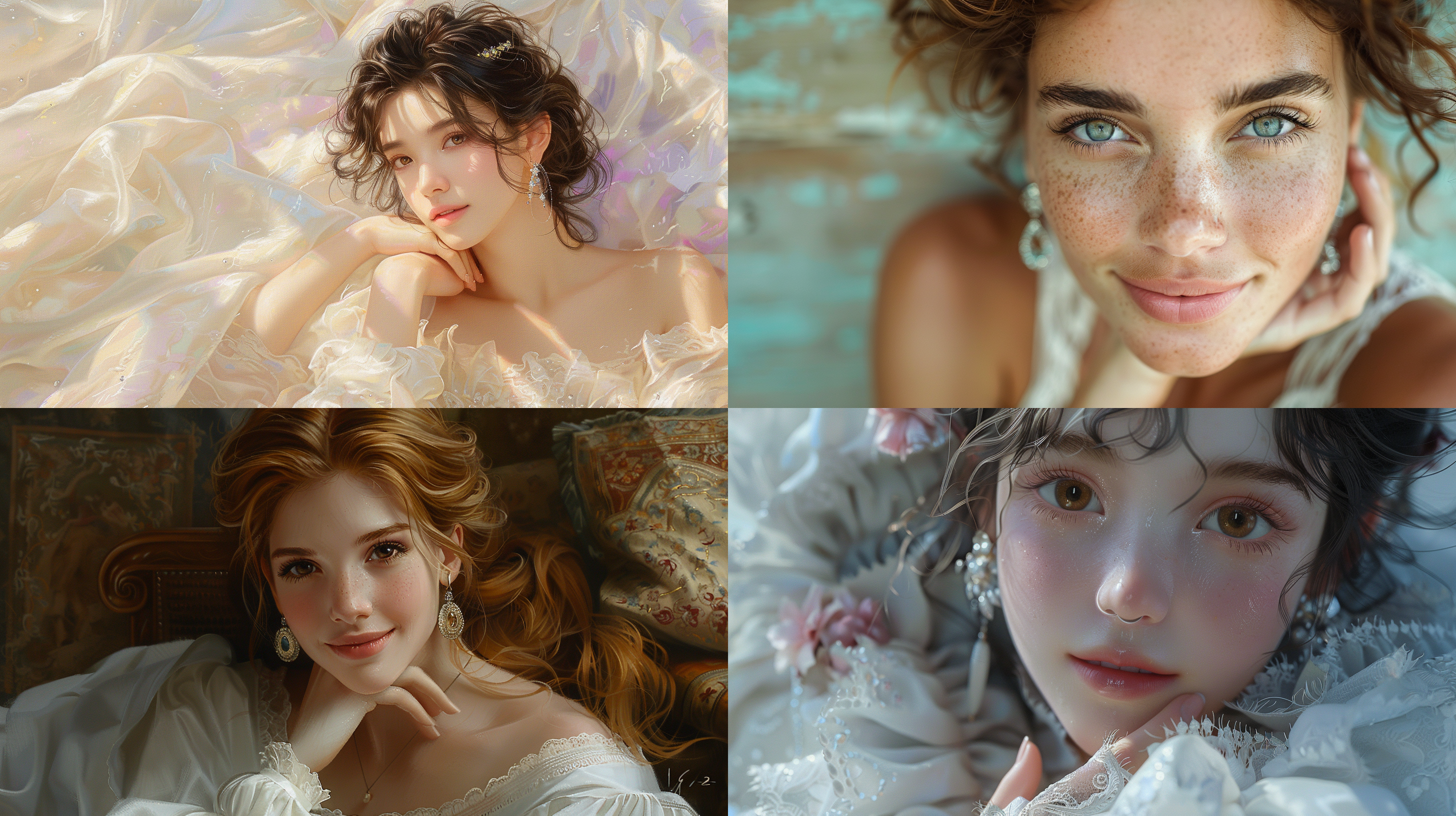 美少女画像，褐色眼睛，白色礼服，银色和金色耳环，淡紫和天蓝复古元素，米色和深琥珀色调，微笑，手托下巴，卷曲的头发，动漫风格，柔和色调，优雅奢华，28岁古典魅力，近距离特写，伦勃朗光线，清晰面部特征，16:9。