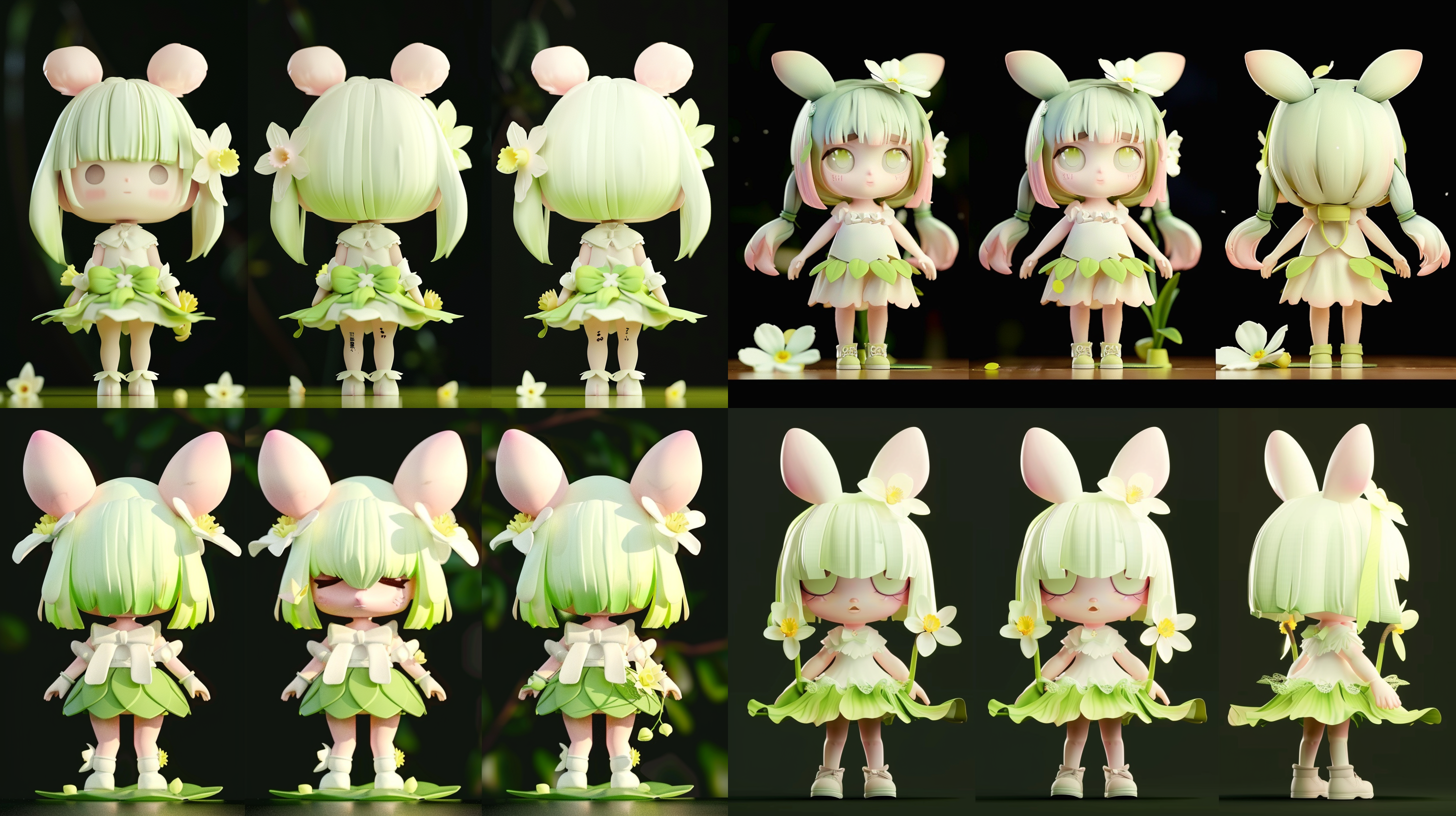 超可爱小女孩，穿长绿叶裙，头上白水仙花，正侧背面呈现，盲盒风格卡通角色，泡泡超市背景，自然光，最佳画质，c4d、blender、oc渲染创建的3d模型。, bubble mart, 盲盒风格, 自然光, 3d模型, c4d, blender, oc渲染, 绿叶裙, 白水仙花, 可爱, 最佳画质