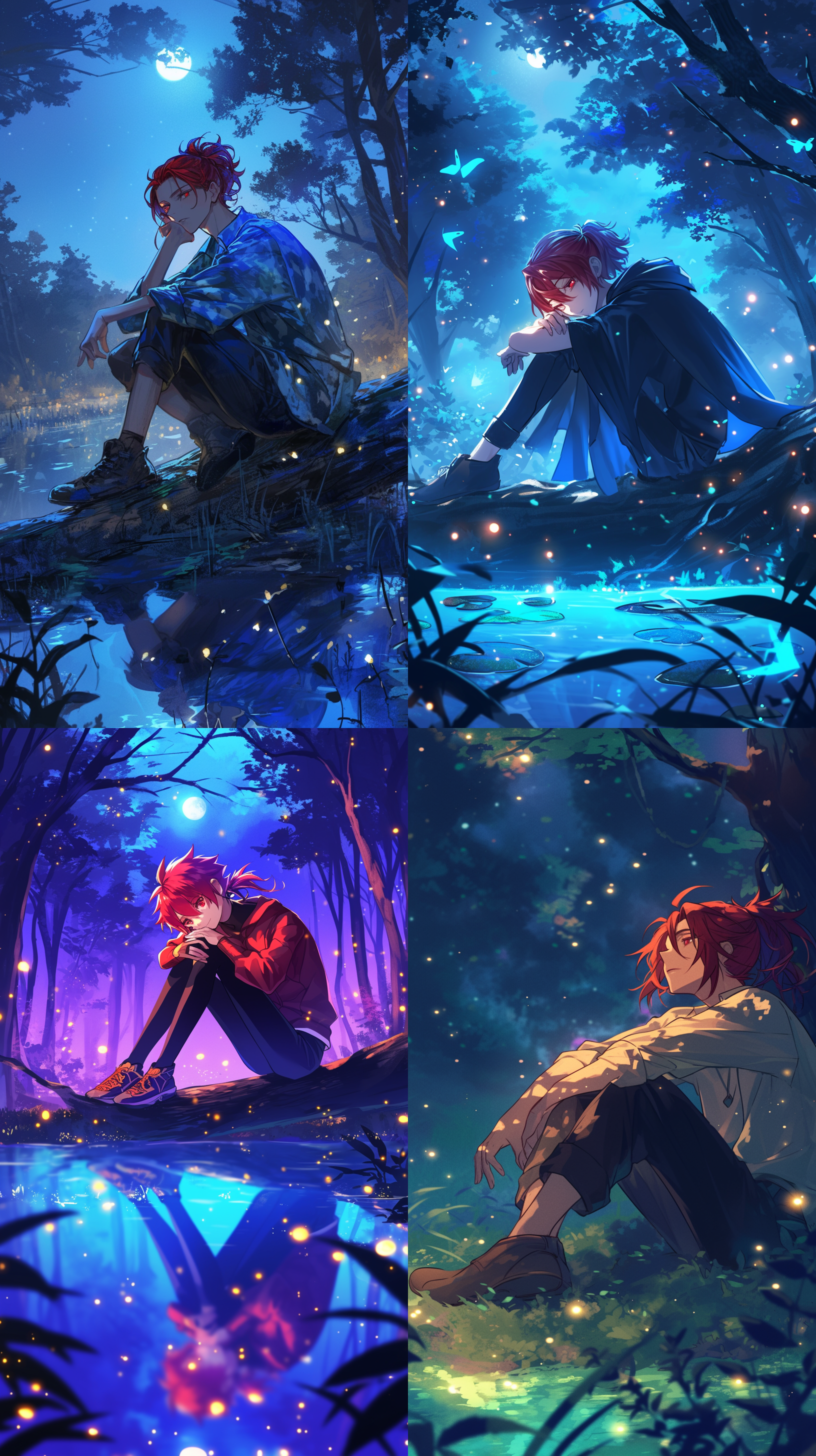 18岁少年，红发少年，红色眼睛，帅气的穿着，宁静，休闲装，夜晚，树林，靠着树睡觉，萤火虫，月光，湖边，倒影，马尾