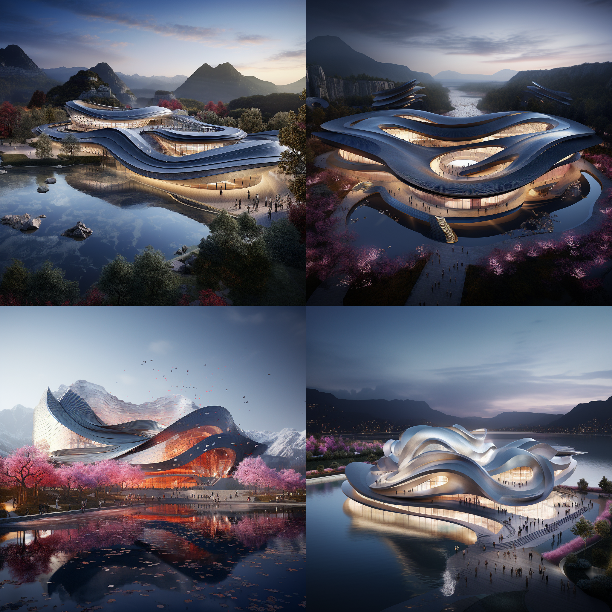 中国音乐和表演艺术博物馆建筑，未来数字艺术风格，融合，海洋朋克，真实细节，逼真，山岳景观，浅灰和黑色，多彩的莫比乌斯。