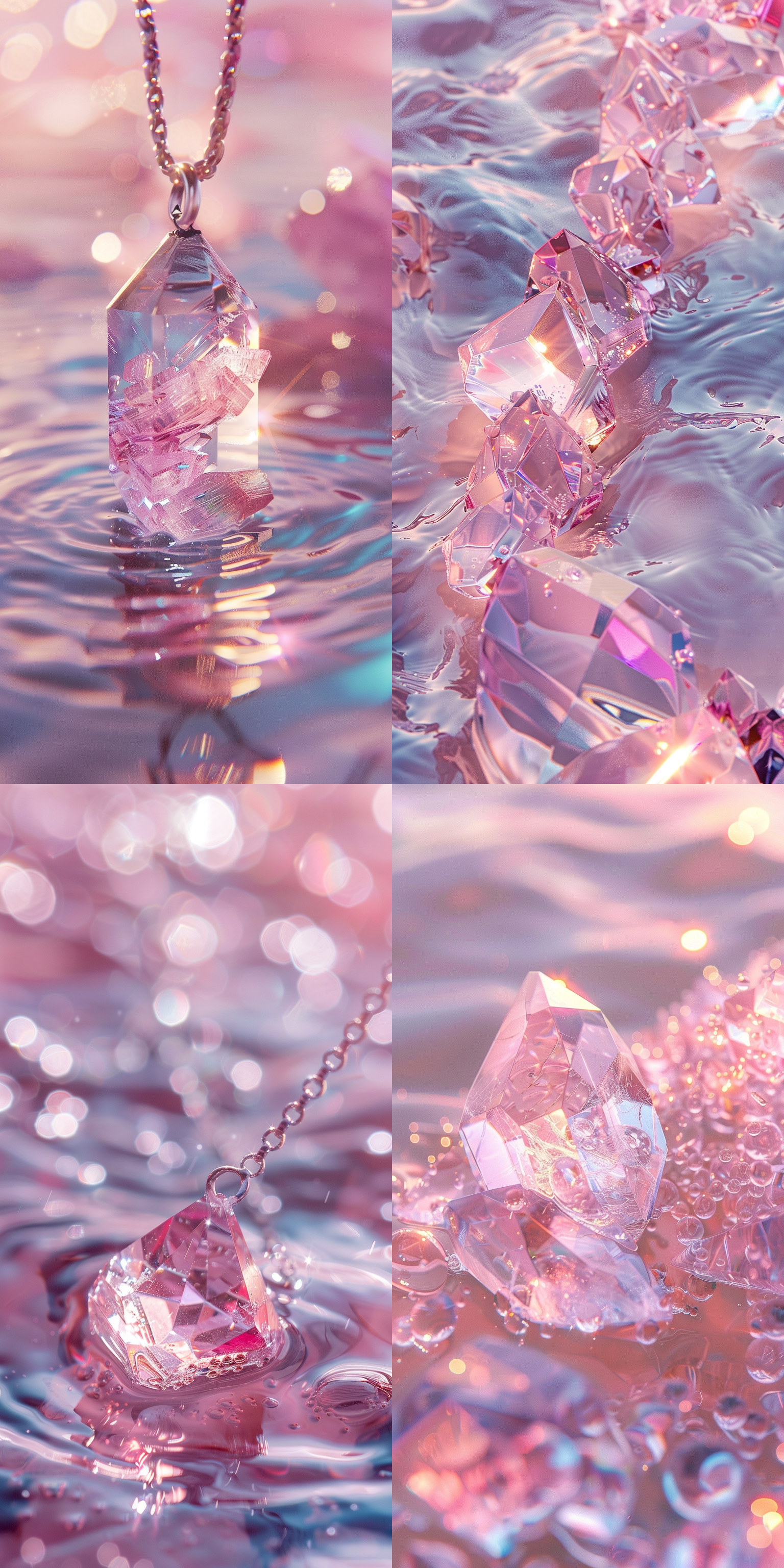 水中清澈透明的粉色水晶项链，y2k美感，柔和梦幻色彩，明亮色彩，instagram风格，高细节级别，逼真照片感，1:1纵横比，250*250像素，白色和粉色光线。