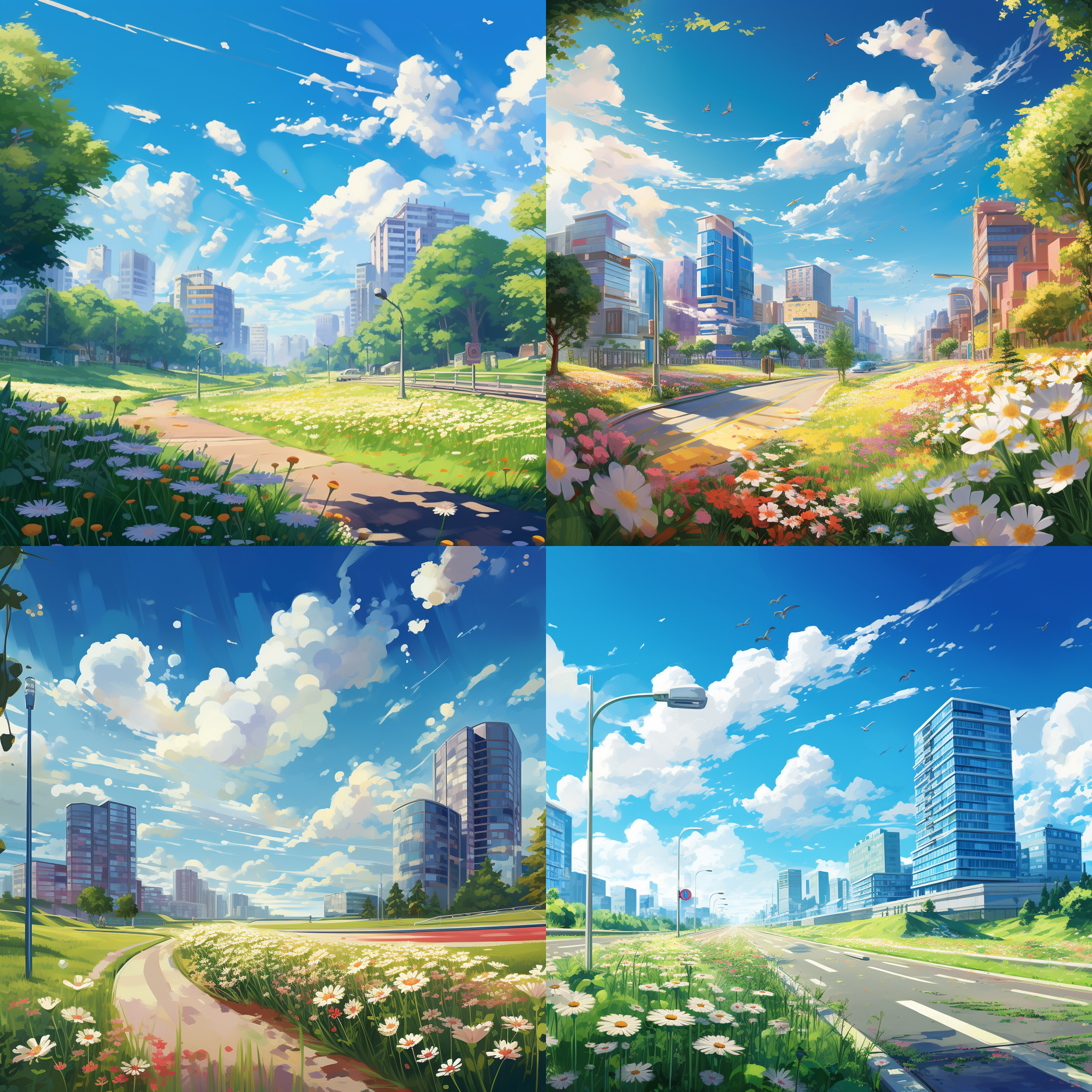 蓝天，有少量建筑物，城市道路两旁有少量花朵和绿植和草地，生机勃勃的春天，色彩丰富，有明亮的光线， 竖图，背景清爽自然，梦幻插画风