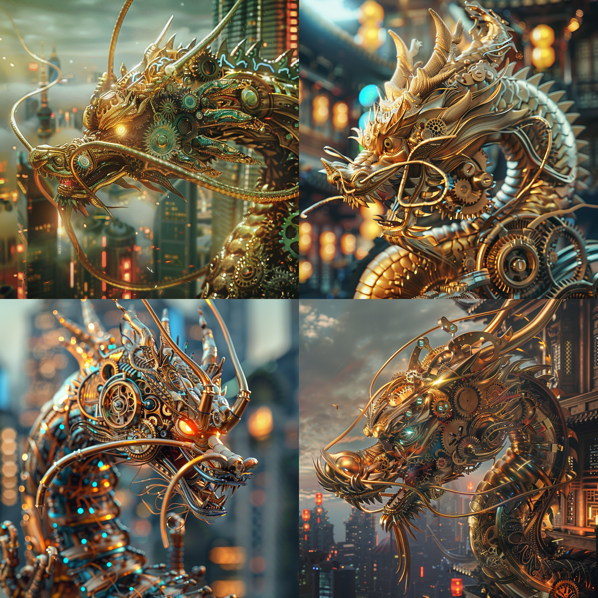 机械中国龙，齿轮为背景，龙头占比大，高清晰度，白天景色，机械城市街道，高科技感，金色元素点缀，广角镜头，对焦点突出龙头，金属质感，霓虹灯光，威武气势。