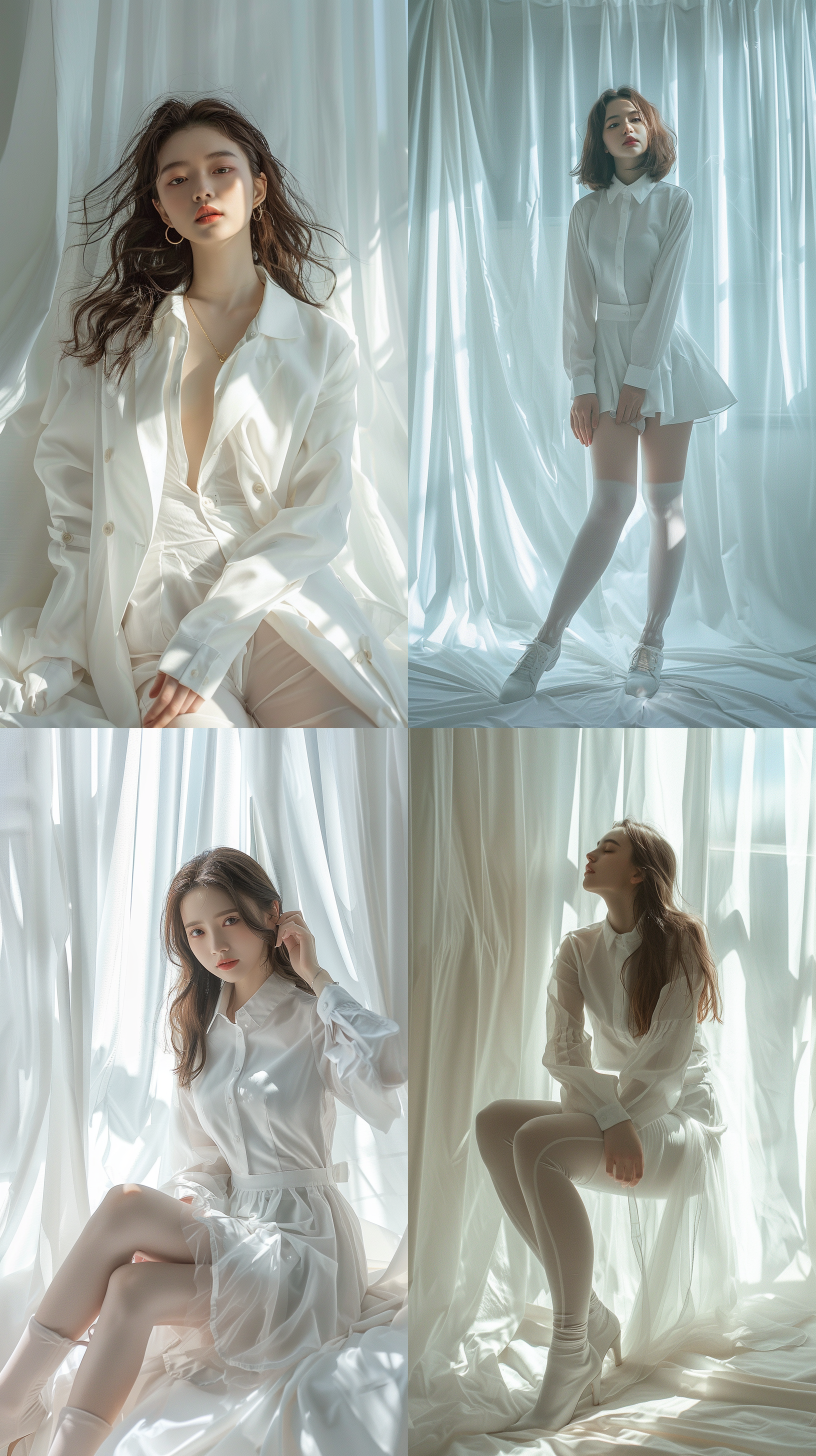 18岁女孩，白色西装衬衫，高清拍摄，写实风格，全身照，短裙，室内拍摄，摄影棚，打底裤，光线充足，白色窗帘背景，正面光