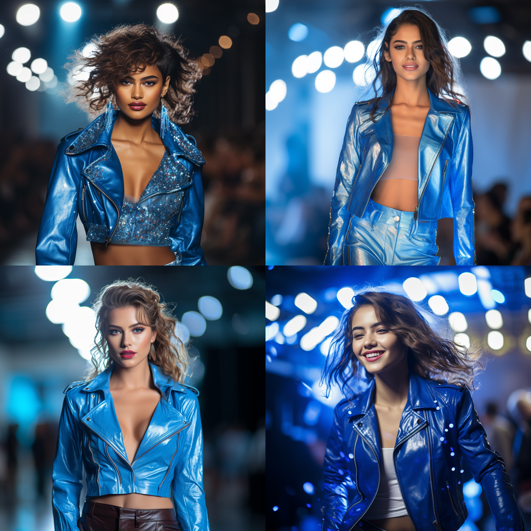 模特穿着蓝色皮衣，走秀台上，独特姿势，高质感，时尚风格，专业妆容，自信微笑，闪光灯效果，细节突出，蓝色调，长焦镜头，动态表现，优雅。