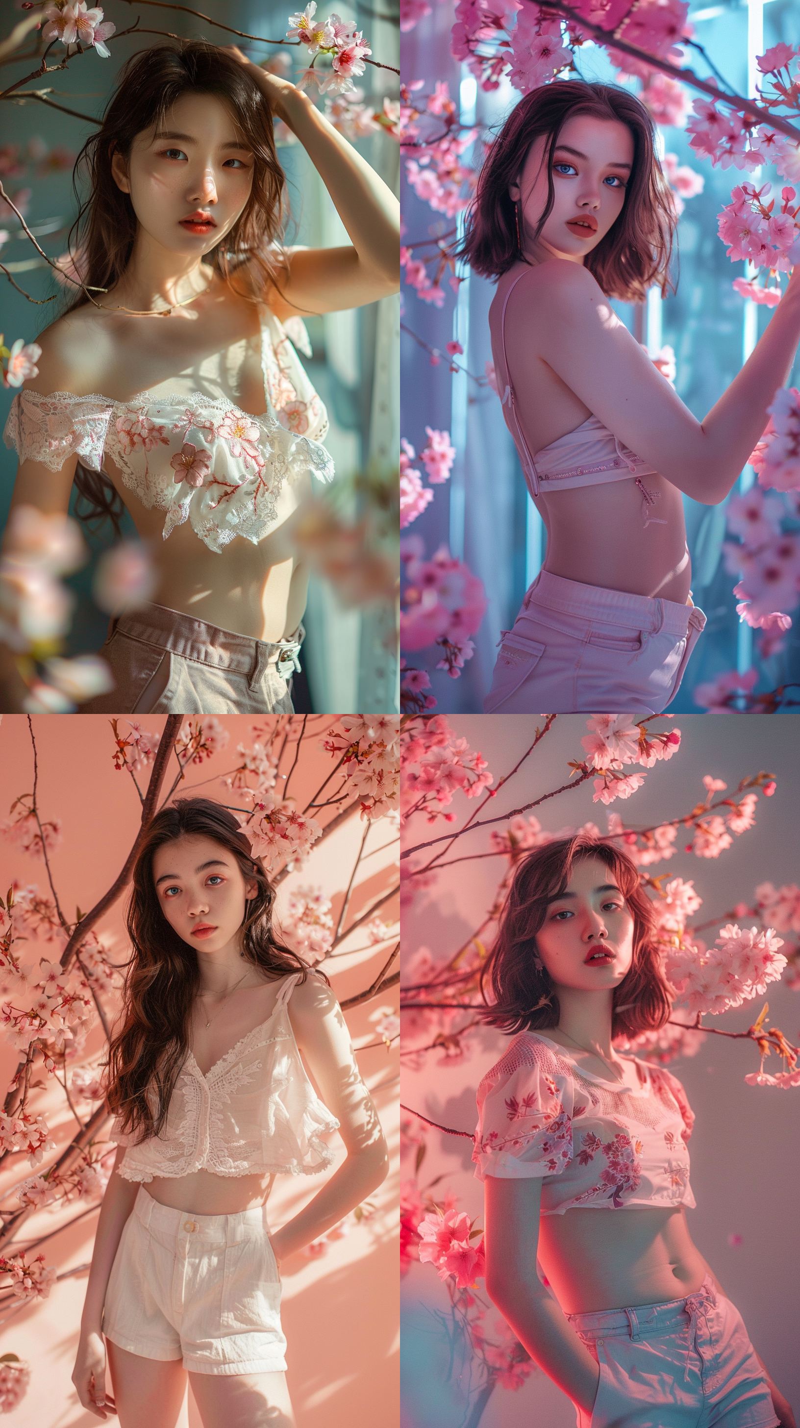 18岁女孩，高清拍摄，写实风格，全身照，室内拍摄，摄影棚，短裤，光线充足，粉色樱花，正面光，清新，50mm定焦镜头