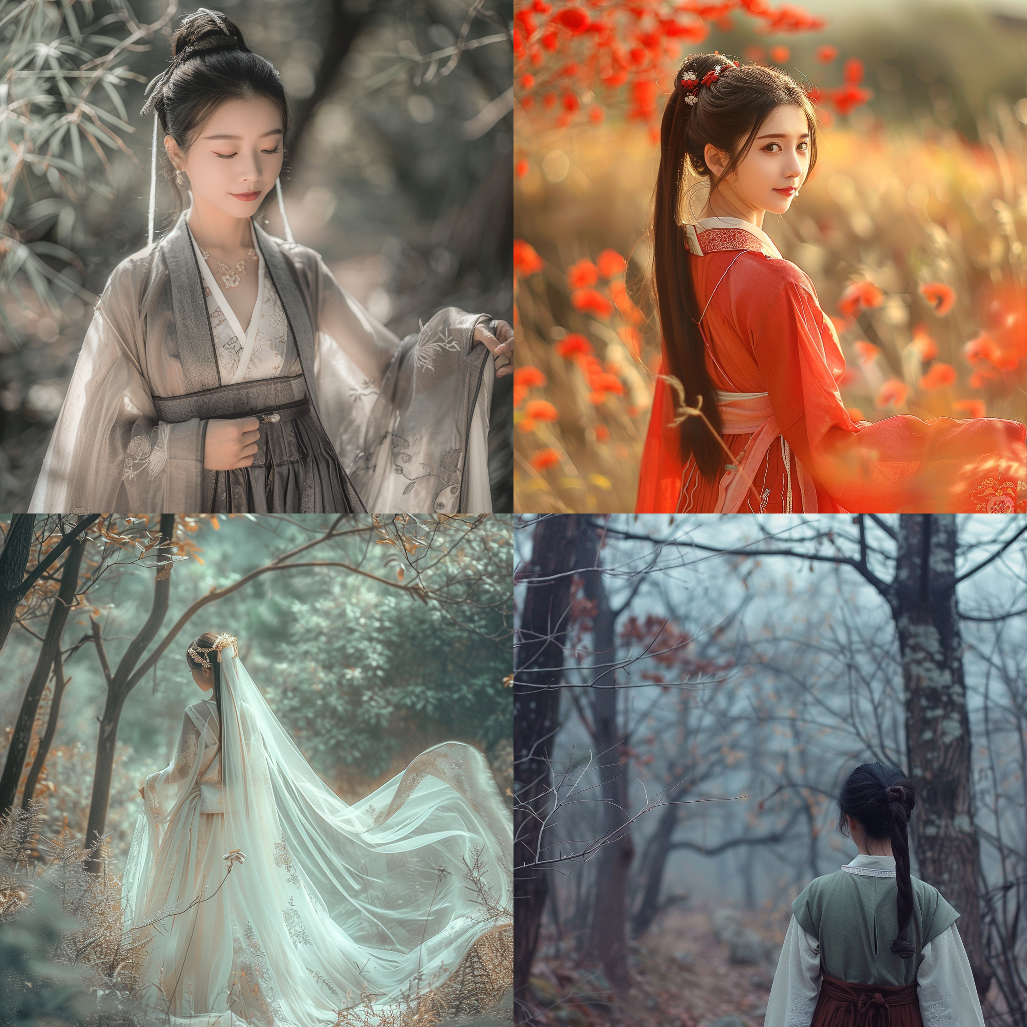 大面积留白，纱线材质，穿汉服学者，层叠线条质感，复古色调，环境特写，柔焦镜头，慢门速度，漫步，宁静。