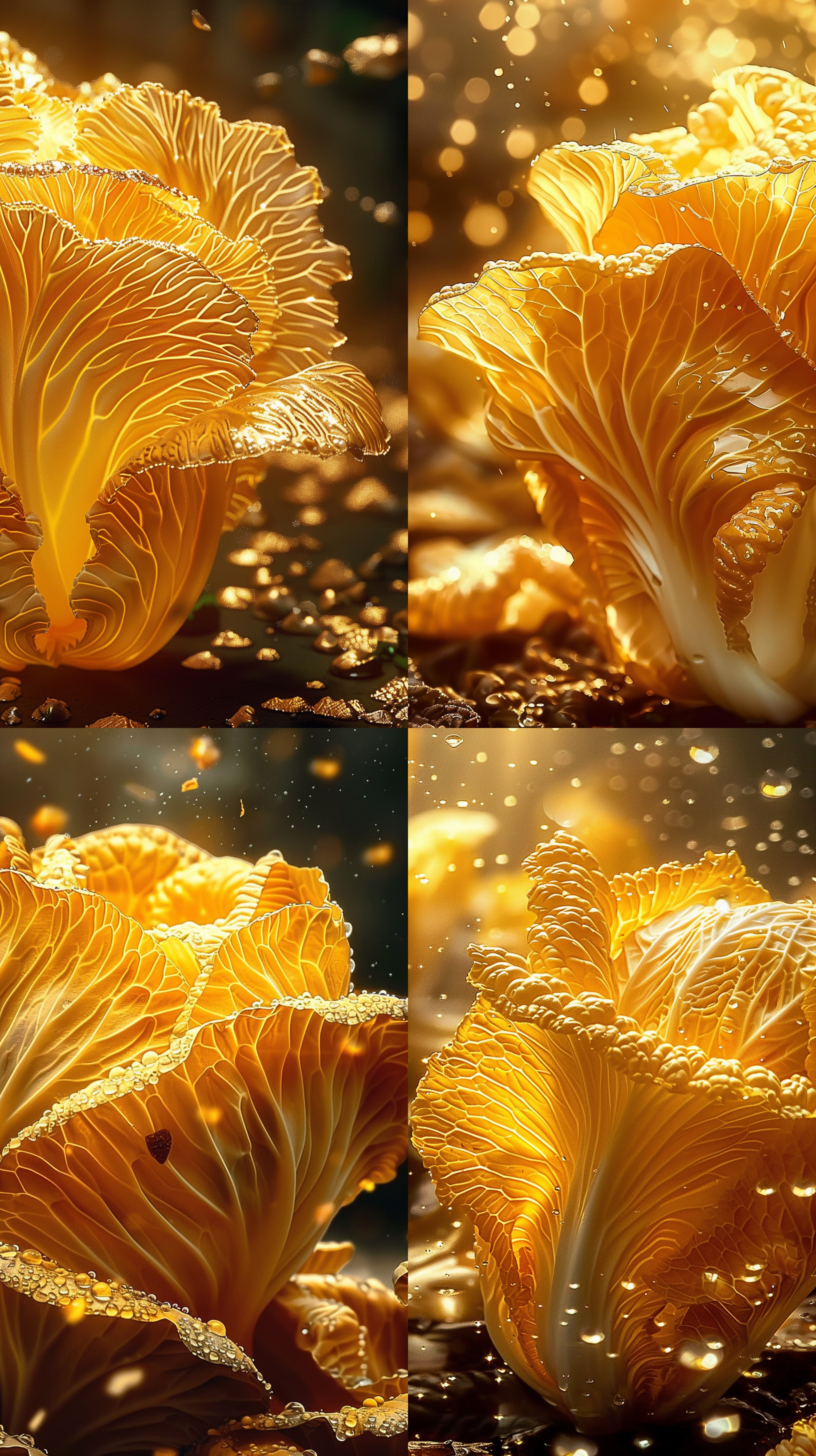 金色白菜，对角线布局，微距摄影，细节清晰，金色光影，高饱和度，光斑效果，静态，华丽。