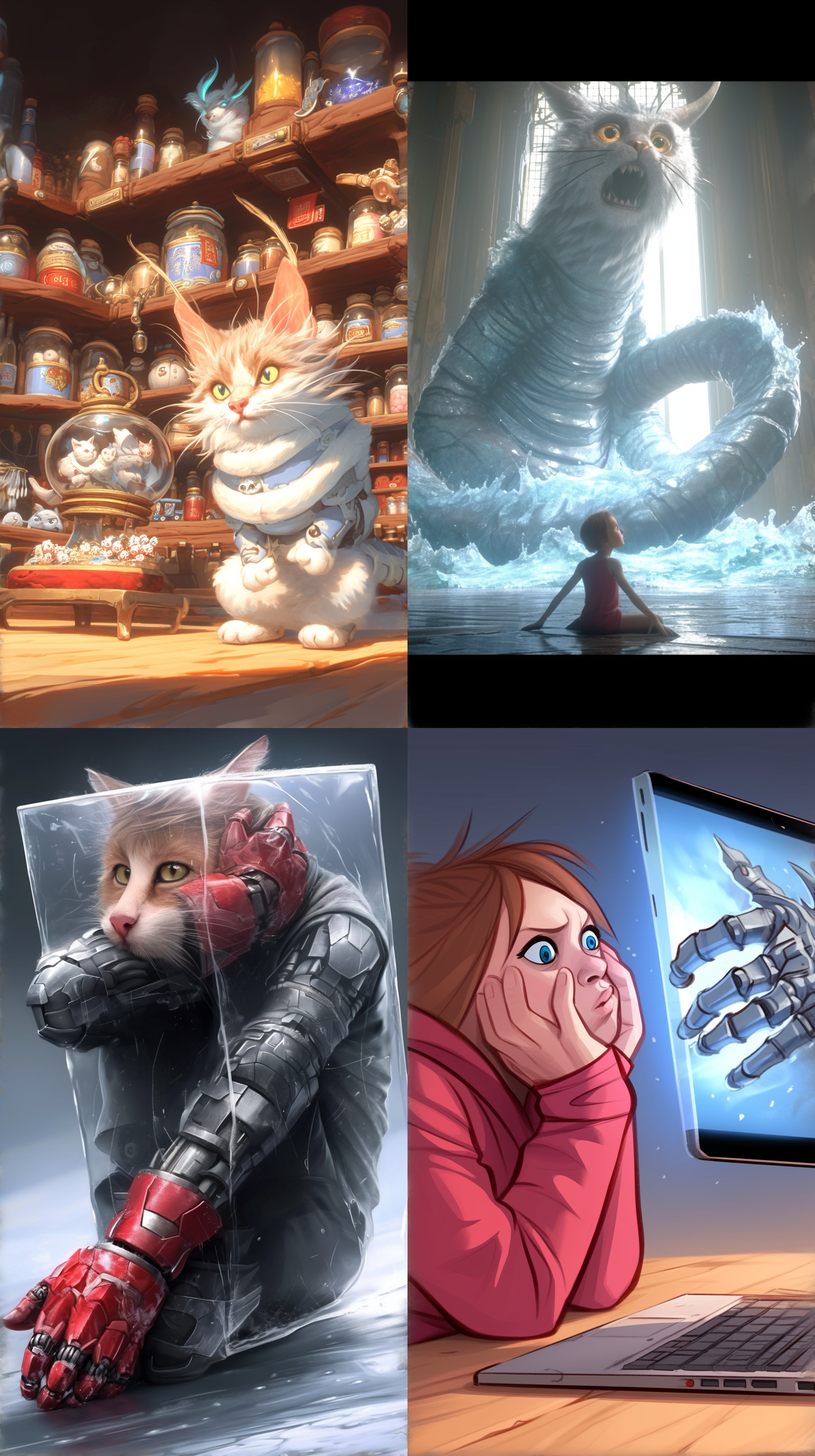 女孩长发飘逸，身穿机械战衣，注视着玻璃盒里的东西。对角线构图，高反差，老式神秘商店内部，紫色调，长焦镜头，侧光和背景灯光，凝视，神秘感。受lilia alvarado启发，与melanie martinez有关，同时也是儿童玩具广告，美丽的中国模特，受wendy froud启发。