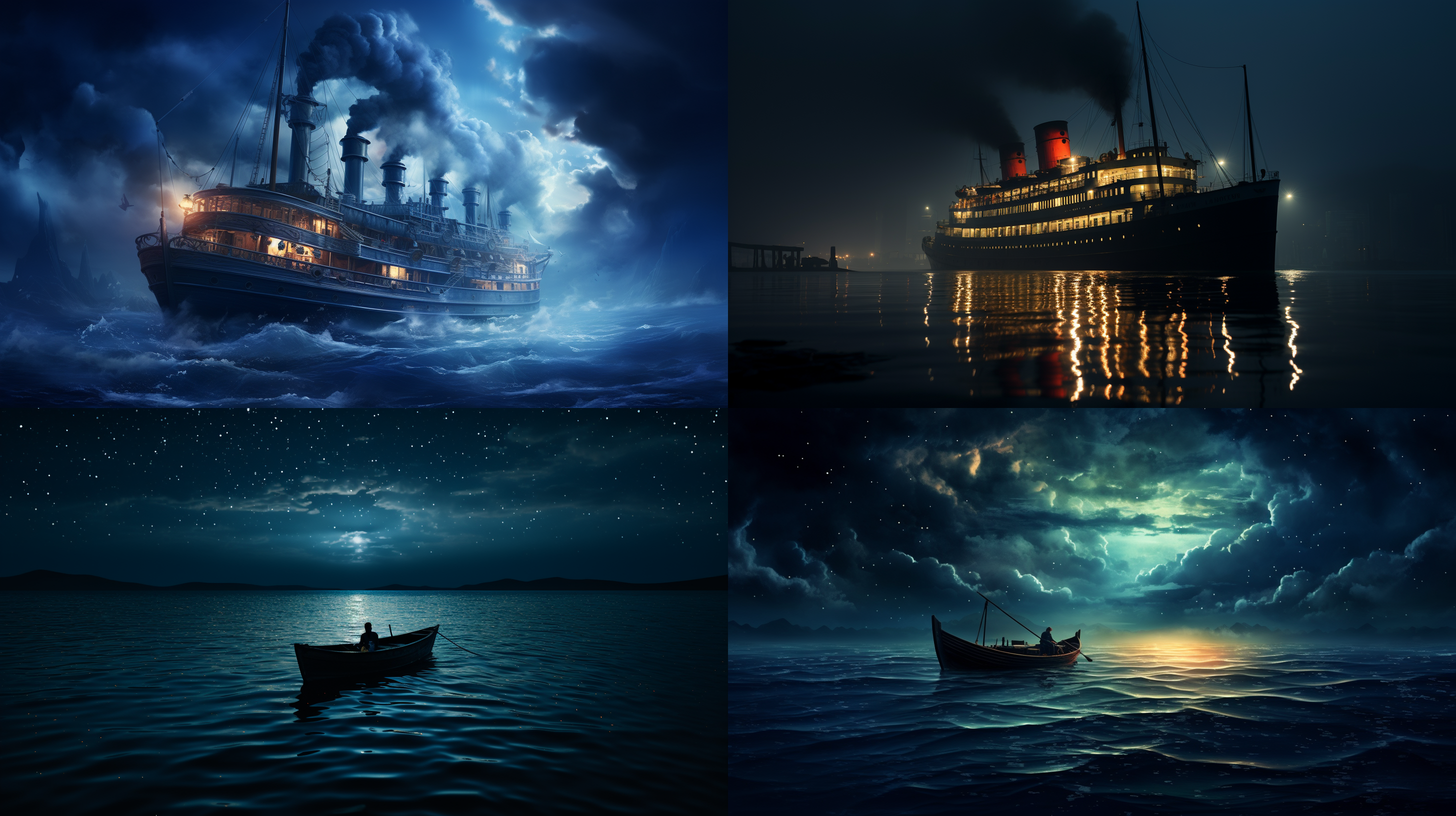 人在船上漂浮，夜晚，月光映照海面，幻想，唯美，海洋，远景，暗调，水面倒影，侧光，静态，孤独，蓝色调。