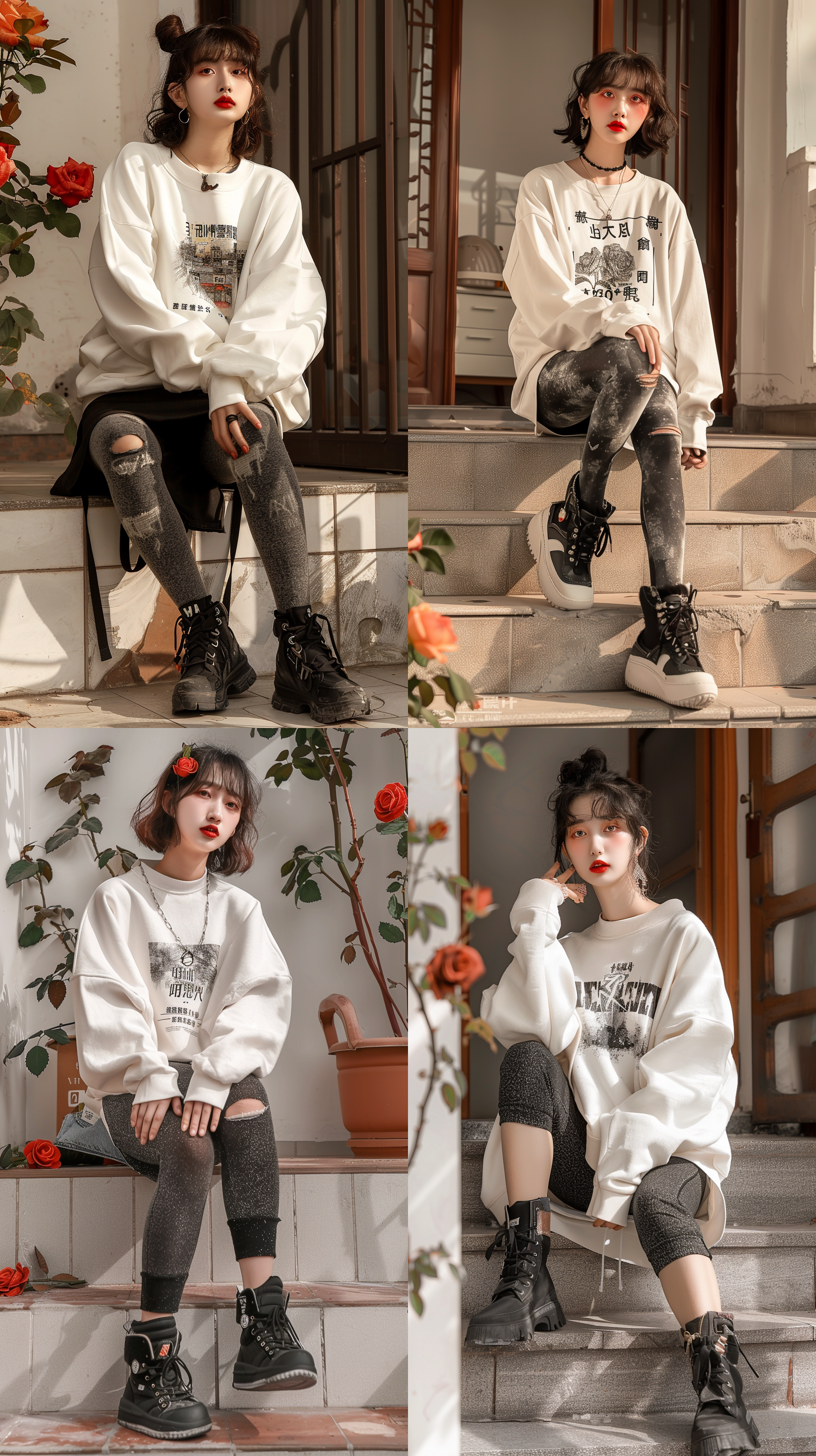 18岁女孩，高清拍摄，写实风格，全身照，室,外拍摄，玫瑰花丛中，摄影棚，光线充足，正面光，50mm定焦镜头，温馨，清新，纯色背景，纯色背景，聚光灯，打底裤，粉色嘴唇，