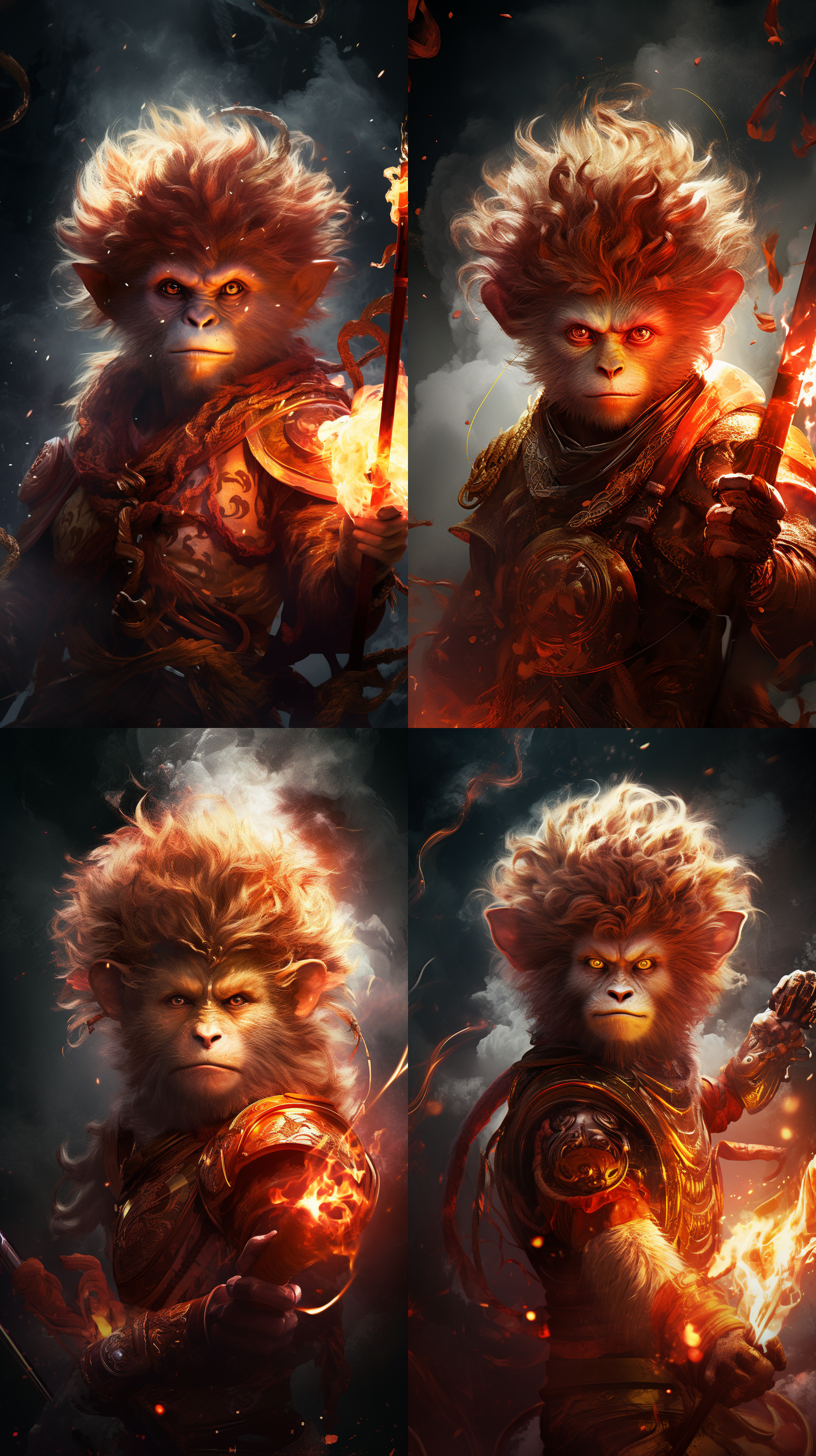 孙悟空漂浮在空中，古风风格，金箍棒，盔甲，机智聪明，千里眼，火眼金睛，空灵幻想，暖色调，神通，漂浮，神秘。