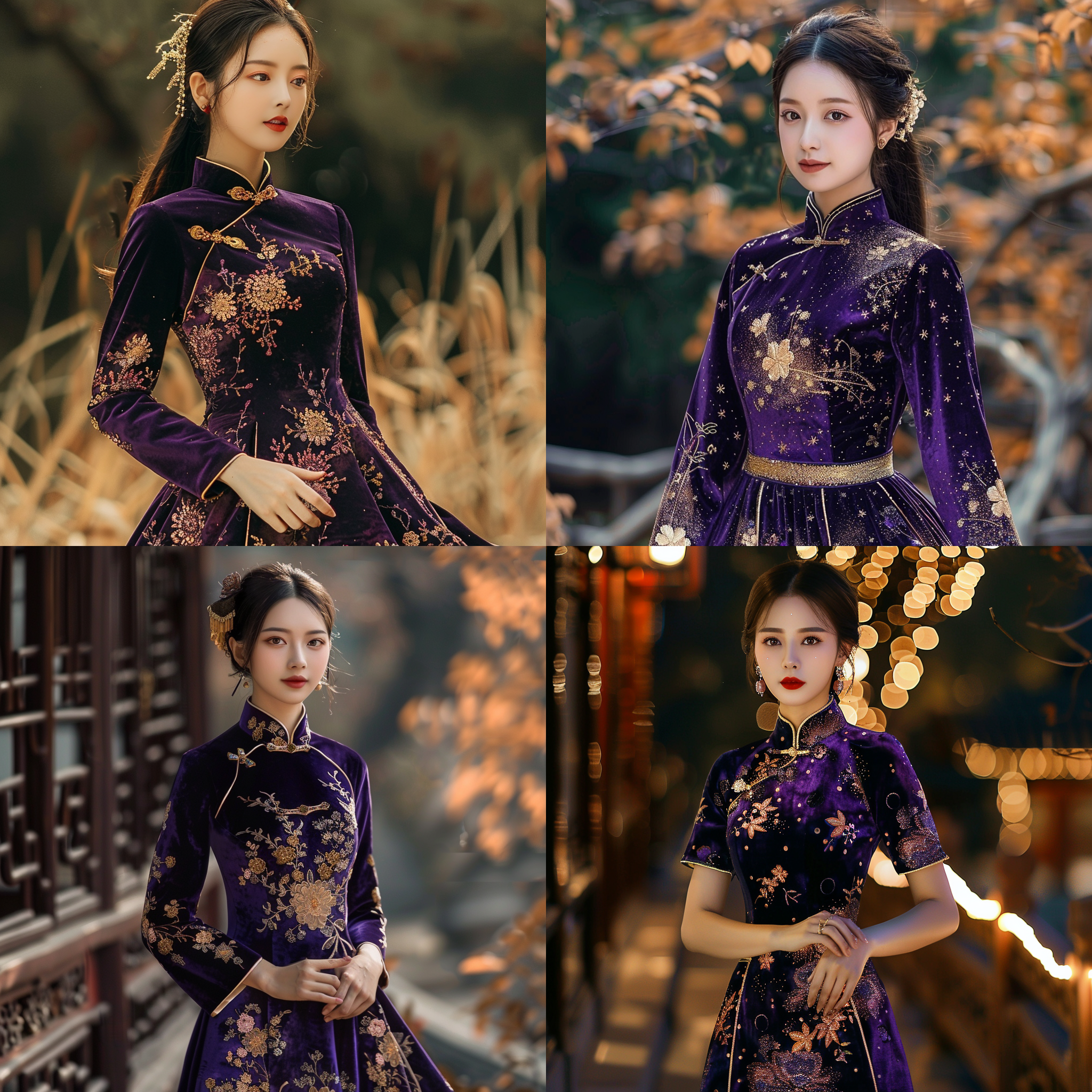 a beautiful woman is wearing a full-sky velvet cheongsam dress, with a deep purple base color and golden trim, featuring blooming flower patterns like a sky full of stars. the dress has a standing collar, diagonal placket, and knotted buttons, with a floor-length hem and high side slits reaching up to the thighs. overall, it looks extremely magnificent, low-key luxurious, tempting, daring, and charming, with an endless allure and aristocratic temperament. the blurry background fades, creating a composition of noble temperament, fashionable style, and a masterpiece with ultra-clear details under movie lighting.,,in clothes