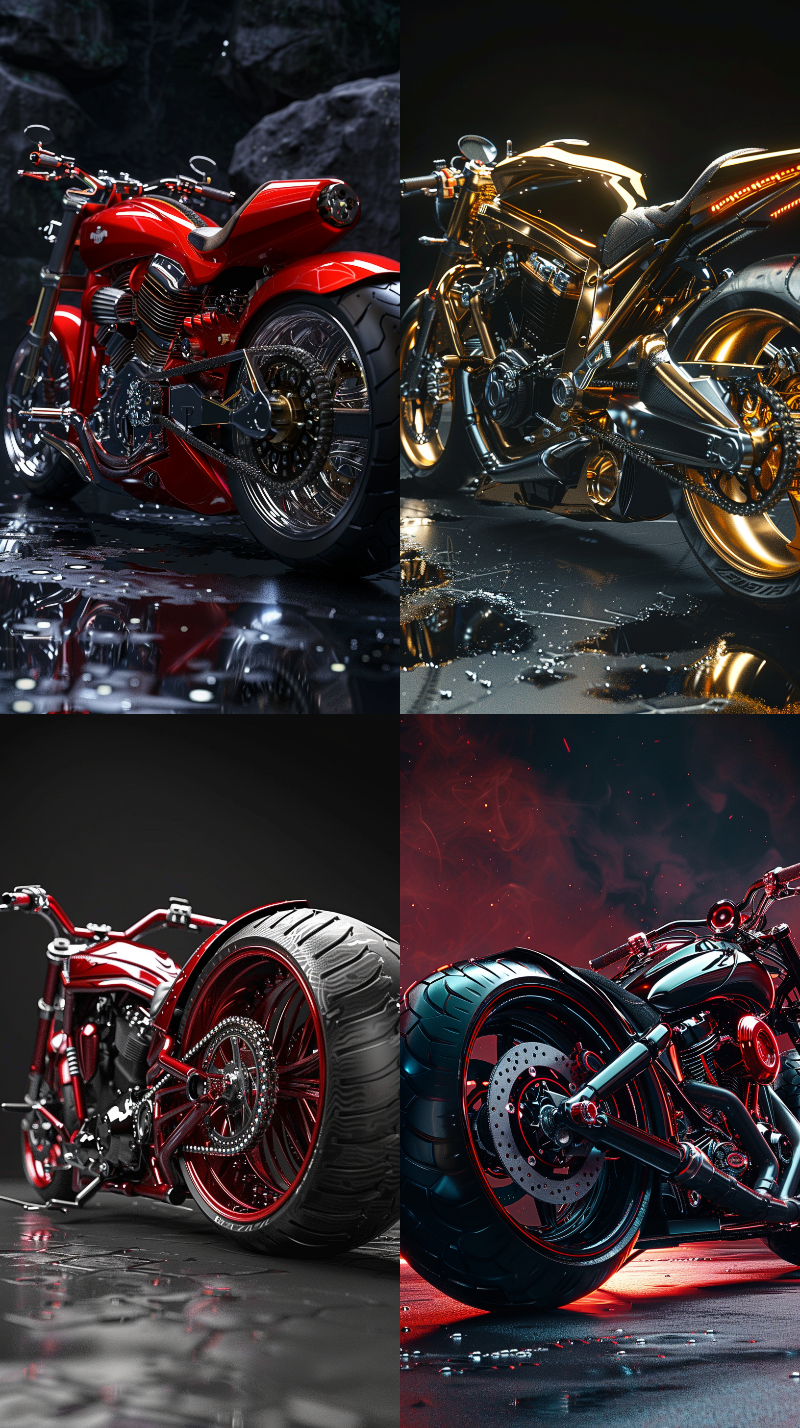 3d摩托车，机车，3d模型，c4d，机械感，闪亮光泽，色彩丰富，光滑，侧面，超高清，uhd，黑色高反光背景，电影级照明，工作室质量。