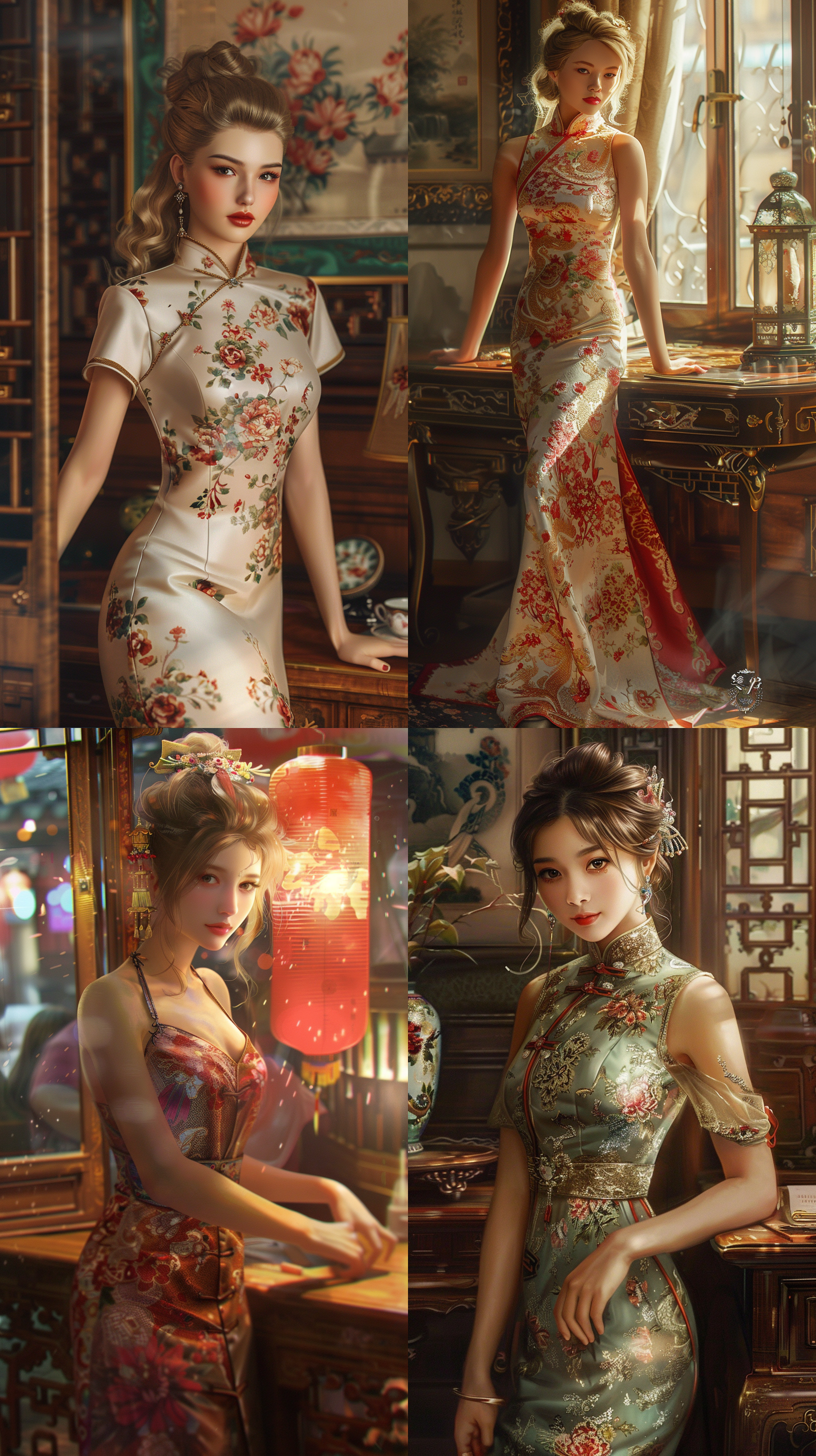 8k,旗袍美女，超现实动画，纤腰，细长脖，金发，苍白皮肤，紫红唇，全身照，绚丽色彩，柔光，优雅动作，梦幻情感,随意的靠红木书桌前，明亮的色调，