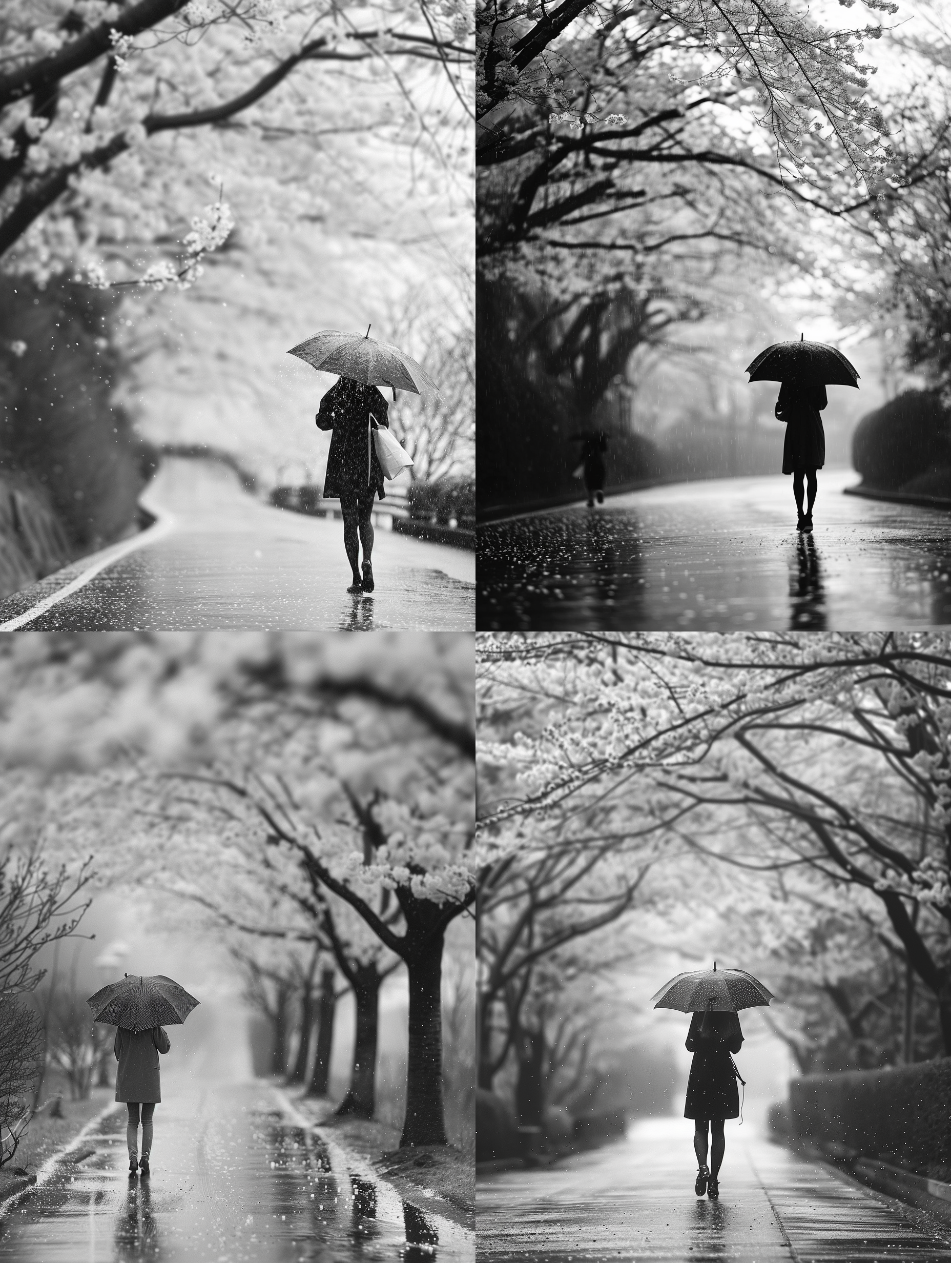 水泥大道上，两旁开满樱花的下雨天。主题人物背对着镜头，撑着一把透明的雨伞，迎着细雨前行。构图以人物为主，背景渲染出模糊的效果。黑白风格，长焦镜头，自然光，静态，优雅。