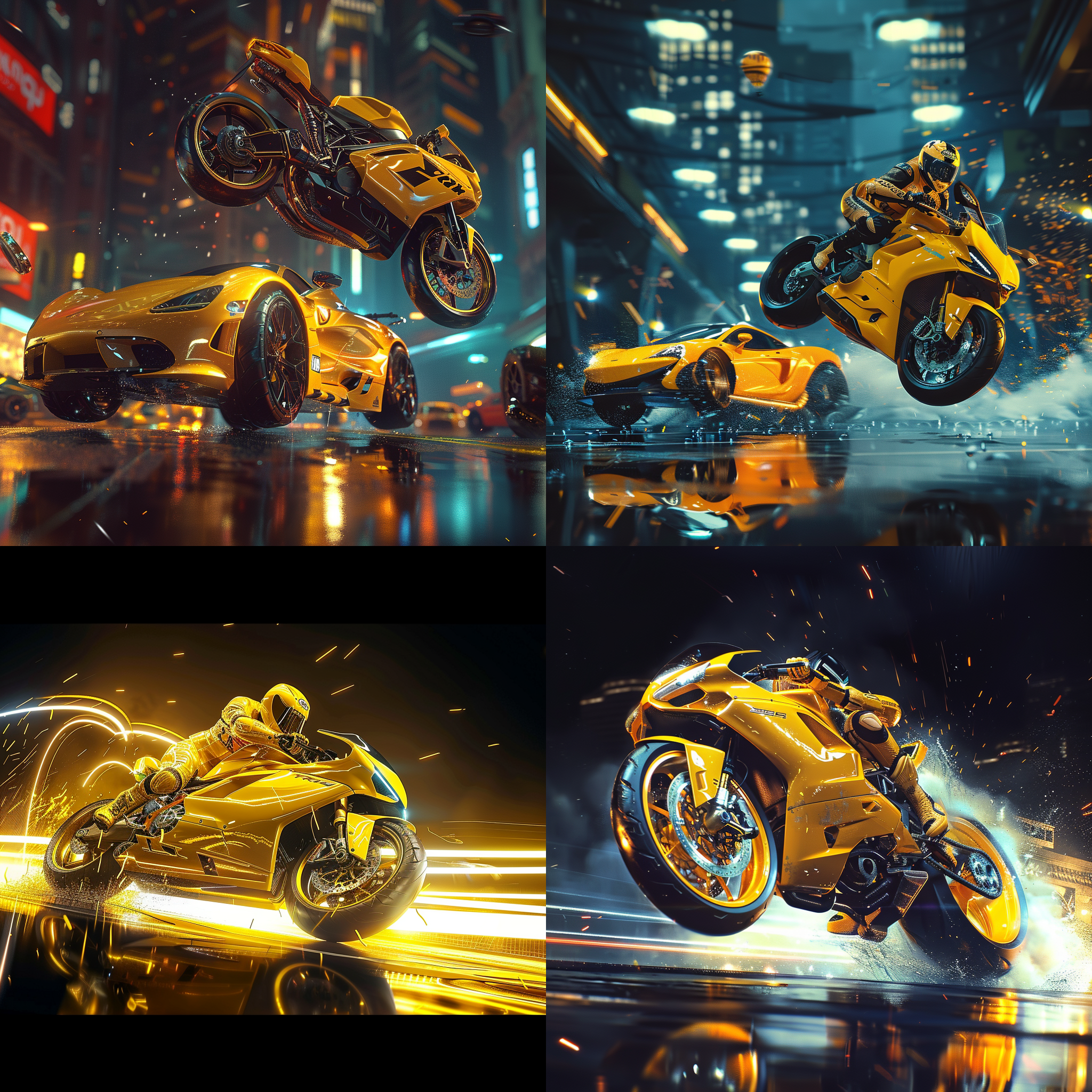 特技表演，黄色汽车，黄色摩托车，分开两边，横版构图，16:9，深色背景，超高分辨率，游戏cg风格，车辆翘头，真实细节，高饱和度，霓虹色调，动作，激烈。
