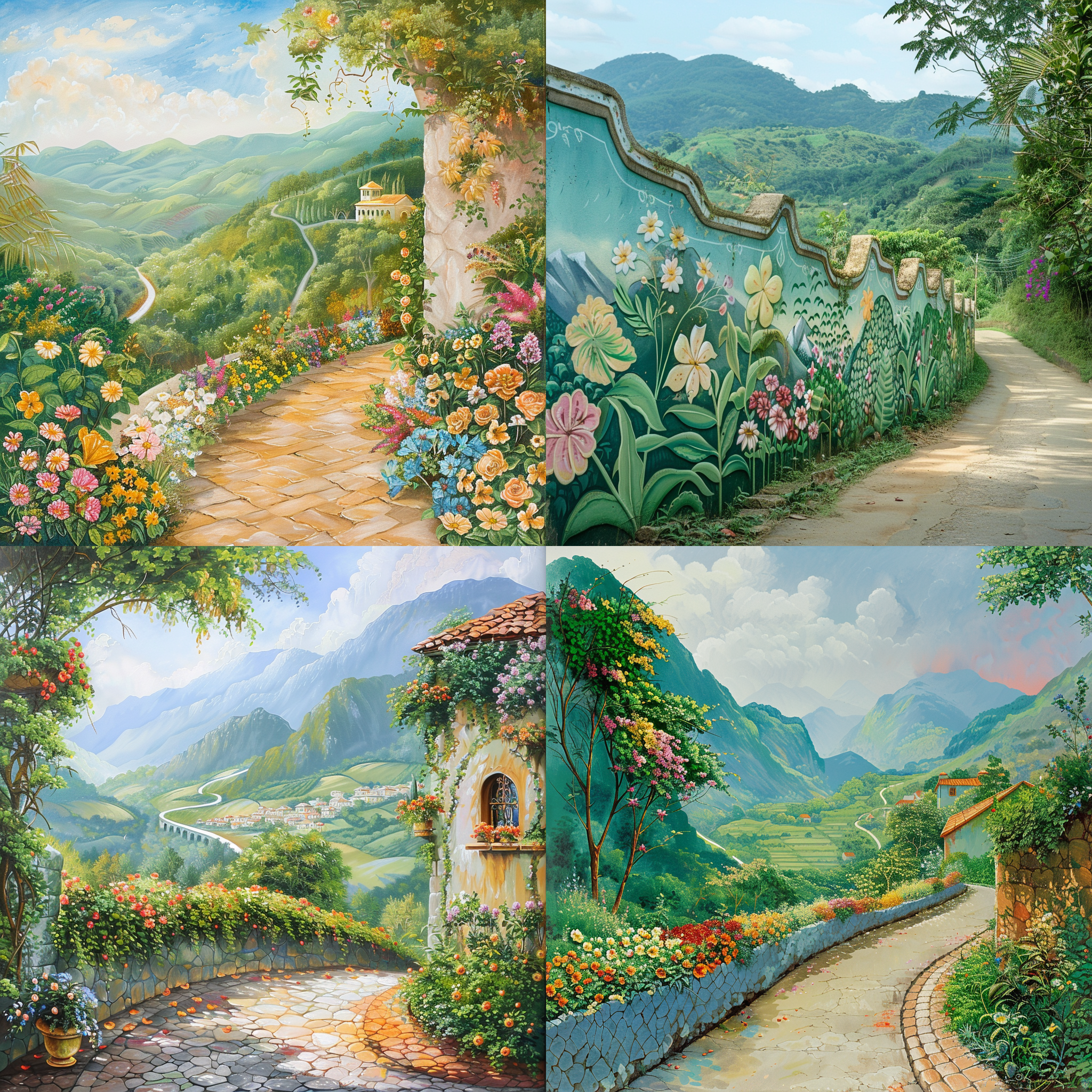 手绘墙，鲜花装饰，青山背景，公路边，色彩丰富，远景，透视感，自然光，静态，和谐，明亮。 润色，户外风景，35mm镜头，明亮色彩，和谐氛围，自然光线，生机勃勃，清新感，宁静美好。