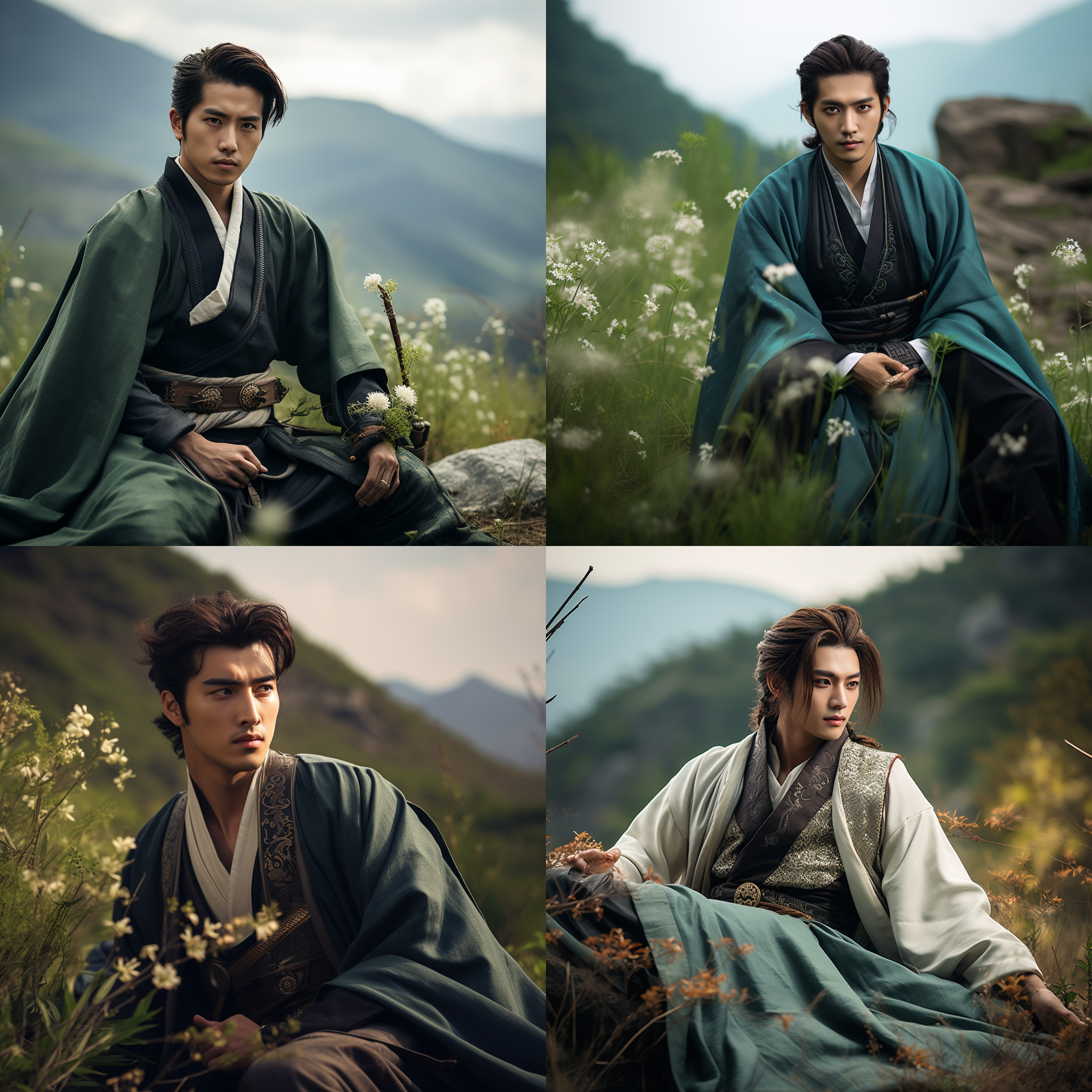 东方帅哥，汉服，俊朗，逗逼，剑眉星目，山野中，古风摄影，长焦镜头，自然光，端坐，从容自信，青绿色调，豪情。