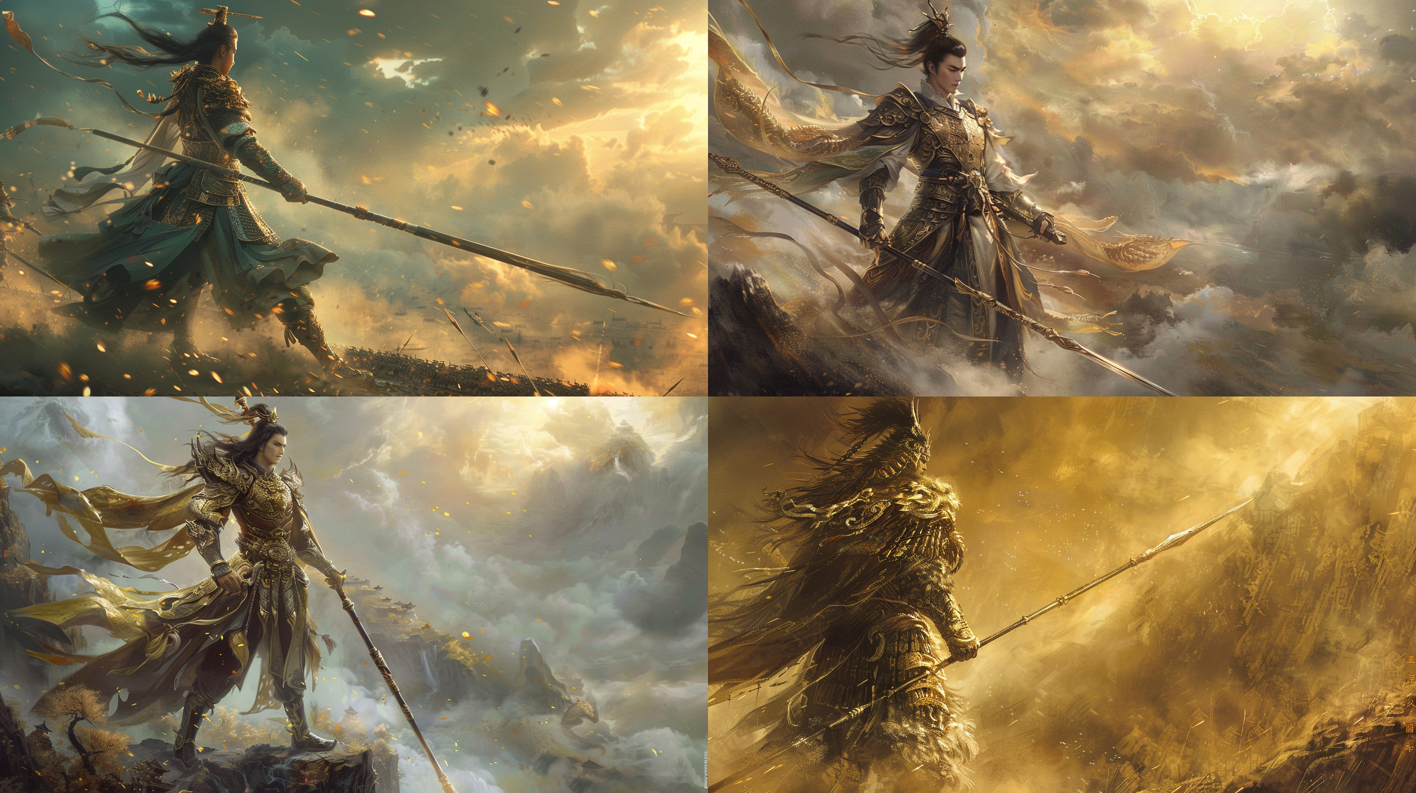 赵云战场，英姿飒爽，龙纹盔甲，手持长枪，站在山丘之上，背景为烟雾弥漫的战场，阳光透过云层照射在他身上，展现出英勇威武的形象。史诗风格，战争场面，动作准备，金色调，壮丽。