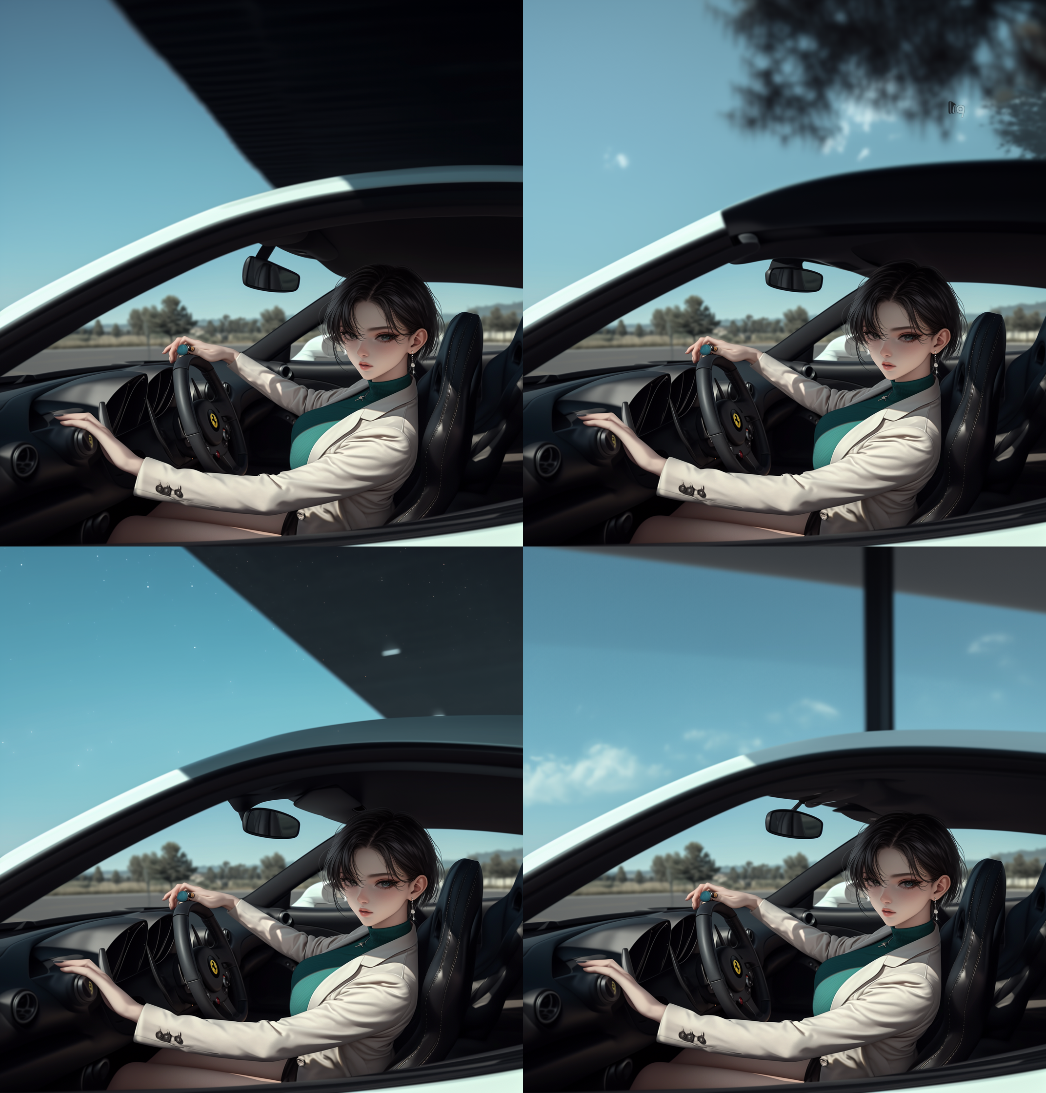 七龙珠十八号，手特写::2，坐在法拉利里面，驾驶方向盘，眼睛看前方，侧面，白色西服外套，u领修身衣，短发，大腿很长，皮短裙，运动鞋，非常精致，8k，端庄大气， 正视 全景