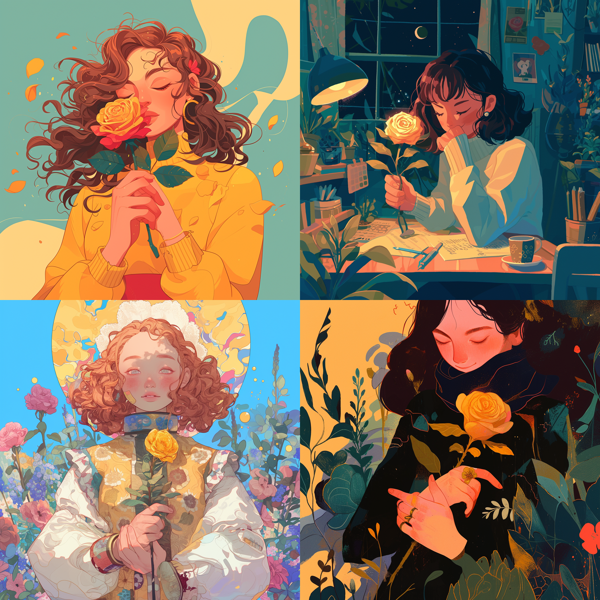 手捧金色玫瑰的女性，怀旧未来主义风格，春天，信息图形和插图，灵感来自约翰·冯纳科特，instagram流行！，怀旧忧郁，emma lindstrom风格，一堆物品，回忆，园艺，老化，可爱卡通，感伤怀旧，潮流。, 照片中心构图，暖色调，环境细节丰富，柔和光线，温馨情感，复古色彩。