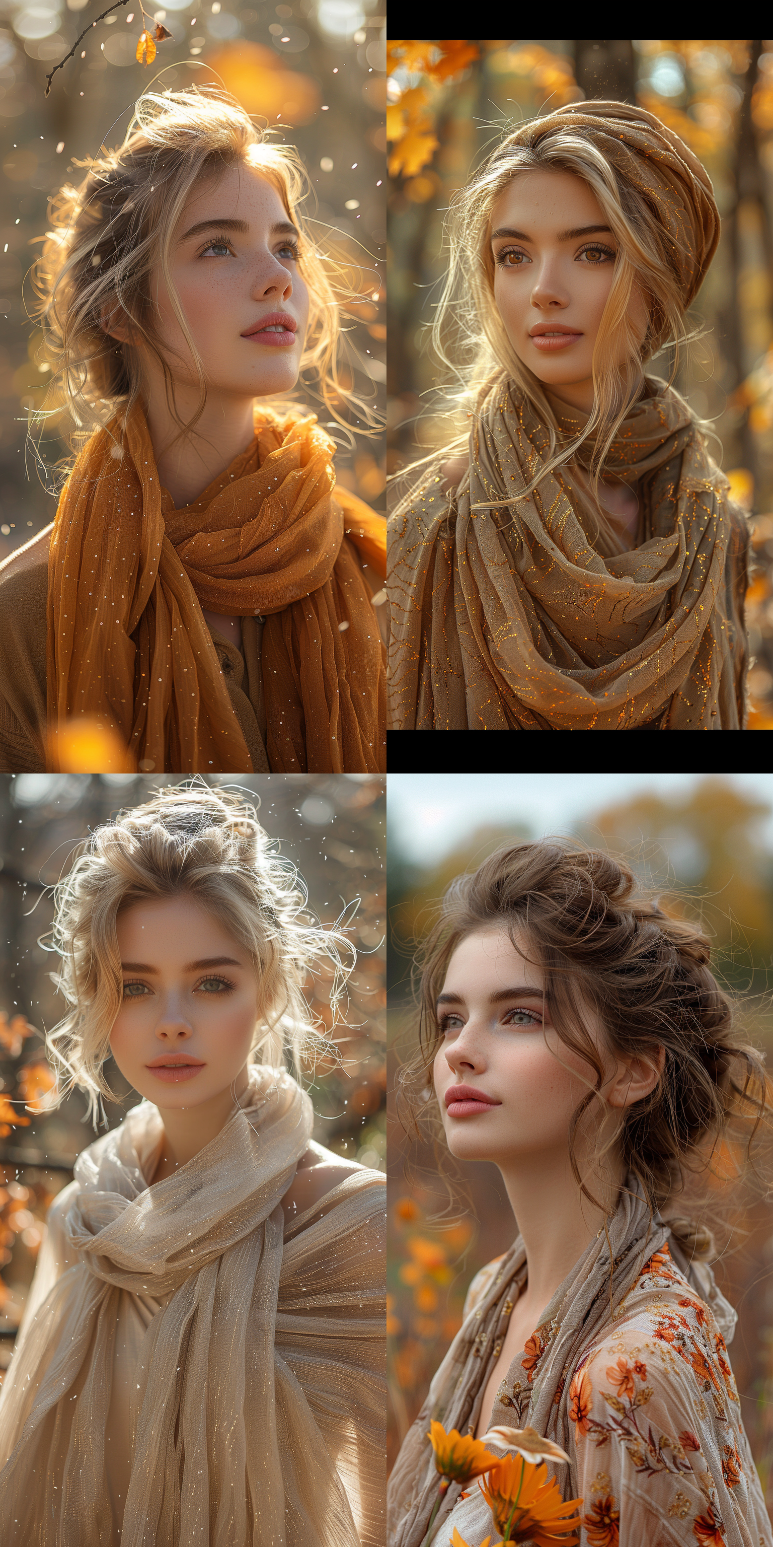 女性头戴丝巾，背景是秋天的树木，微风吹拂着丝巾。柔和光线，温暖色调，细节聚焦，自然风格，柔和色彩，优雅动作，抓拍，飘逸。