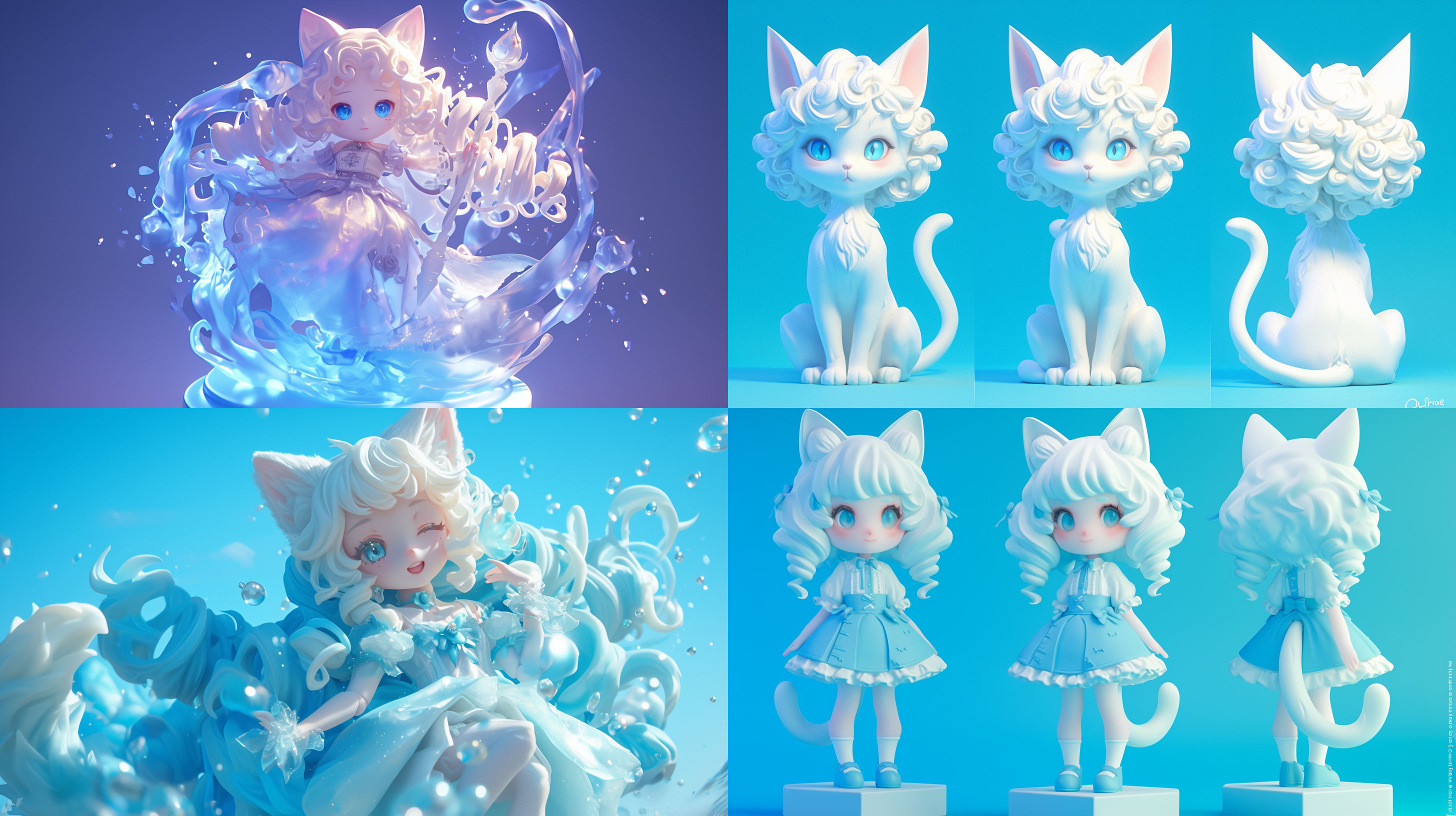 q-version handmade model, cat, cute and cute, curly hair, white to medium translucent light blue, full body photo, without any specific background. q-version style, miniature model, static posture, bright lighting, rich details, vivid colors, transparent material, doll like, cute expression, cartoon style 3d animation art clean background color palette matte blue yellow full body facing oc renderer