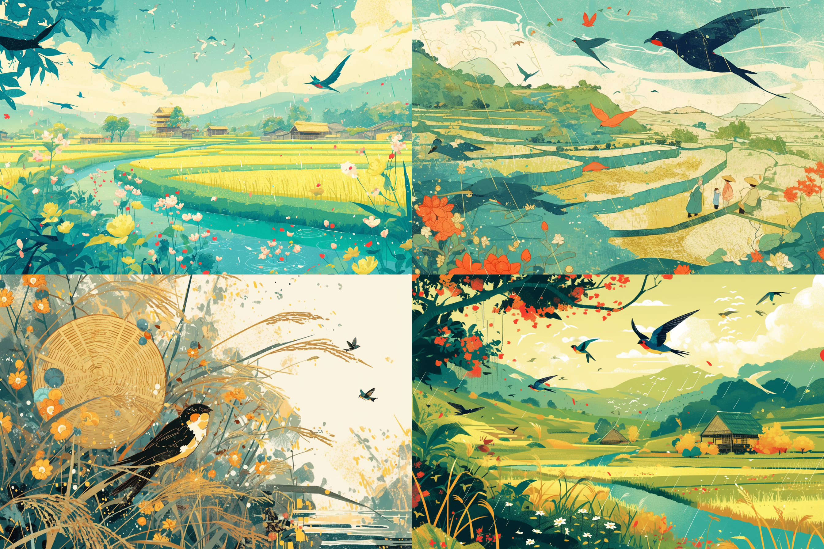 qingming festival chinese countryside, plants and flowers, swallows, wicker, rice field, light rain, river, bright, spring green, bright background, blank at the top of the frame, flat illustration, victo ngai style