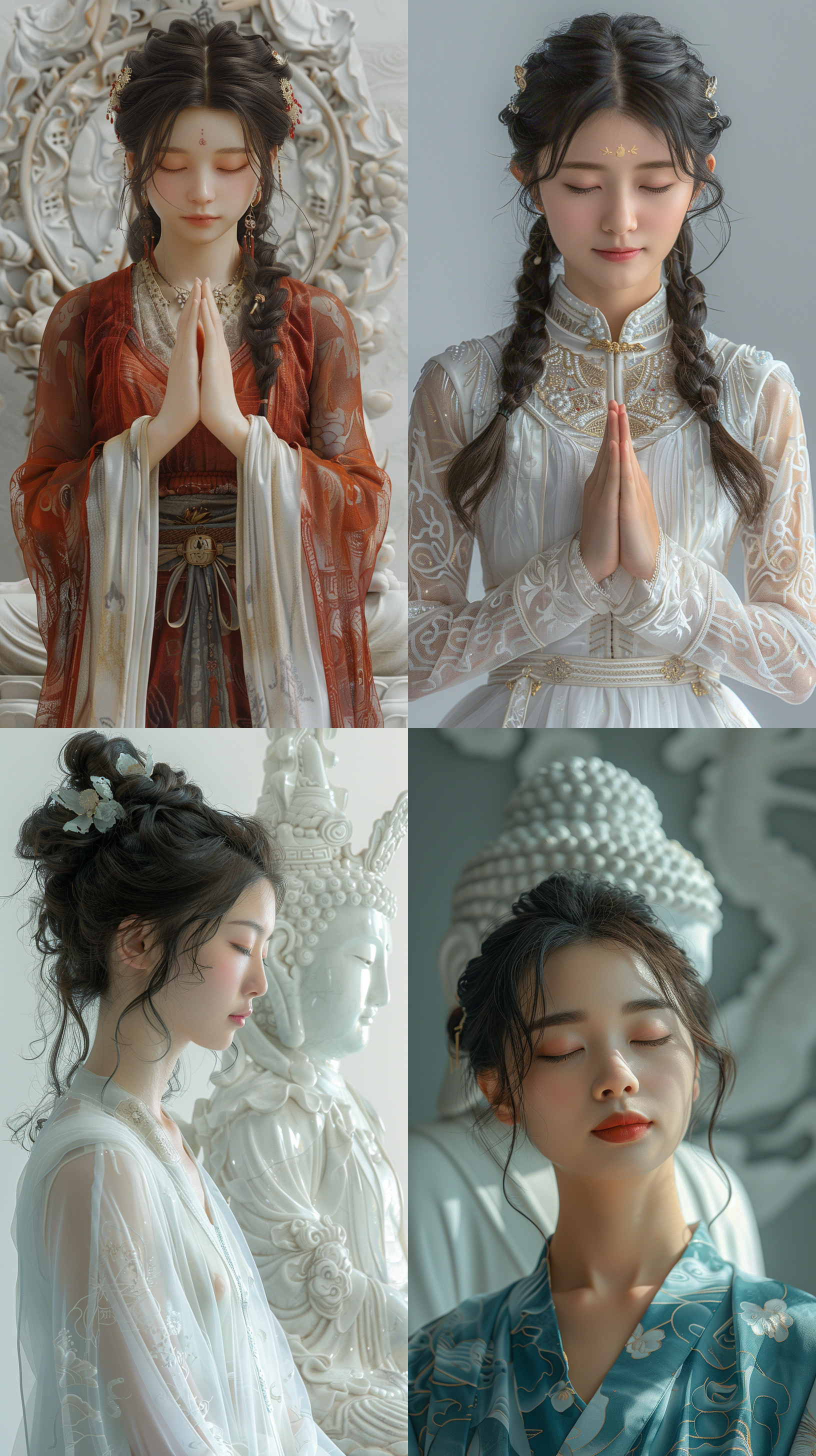 中国女孩冥想，端庄挺拔，唐代服饰，白色佛像，纯色背景，32k，超高清，写实摄影，全景图像，超细节逼真，纹理清晰，质感，增大化现实，姿态端庄，眼睛微闭，外观清晰。