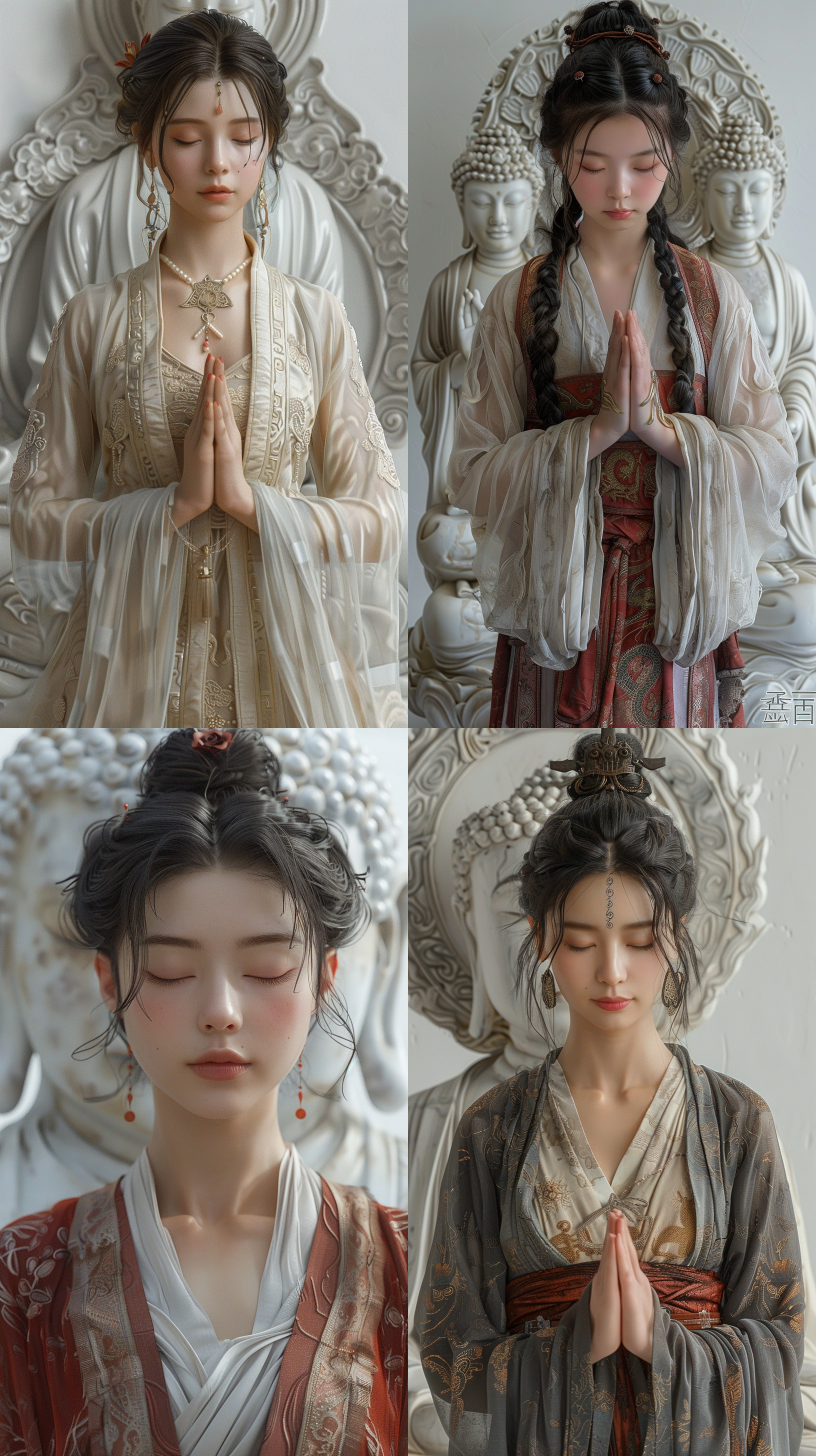 中国女孩冥想，端庄挺拔，唐代服饰，白色佛像，纯色背景，32k，超高清，写实摄影，全景图像，超细节逼真，纹理清晰，质感，增大化现实，姿态端庄，眼睛微闭，外观清晰。