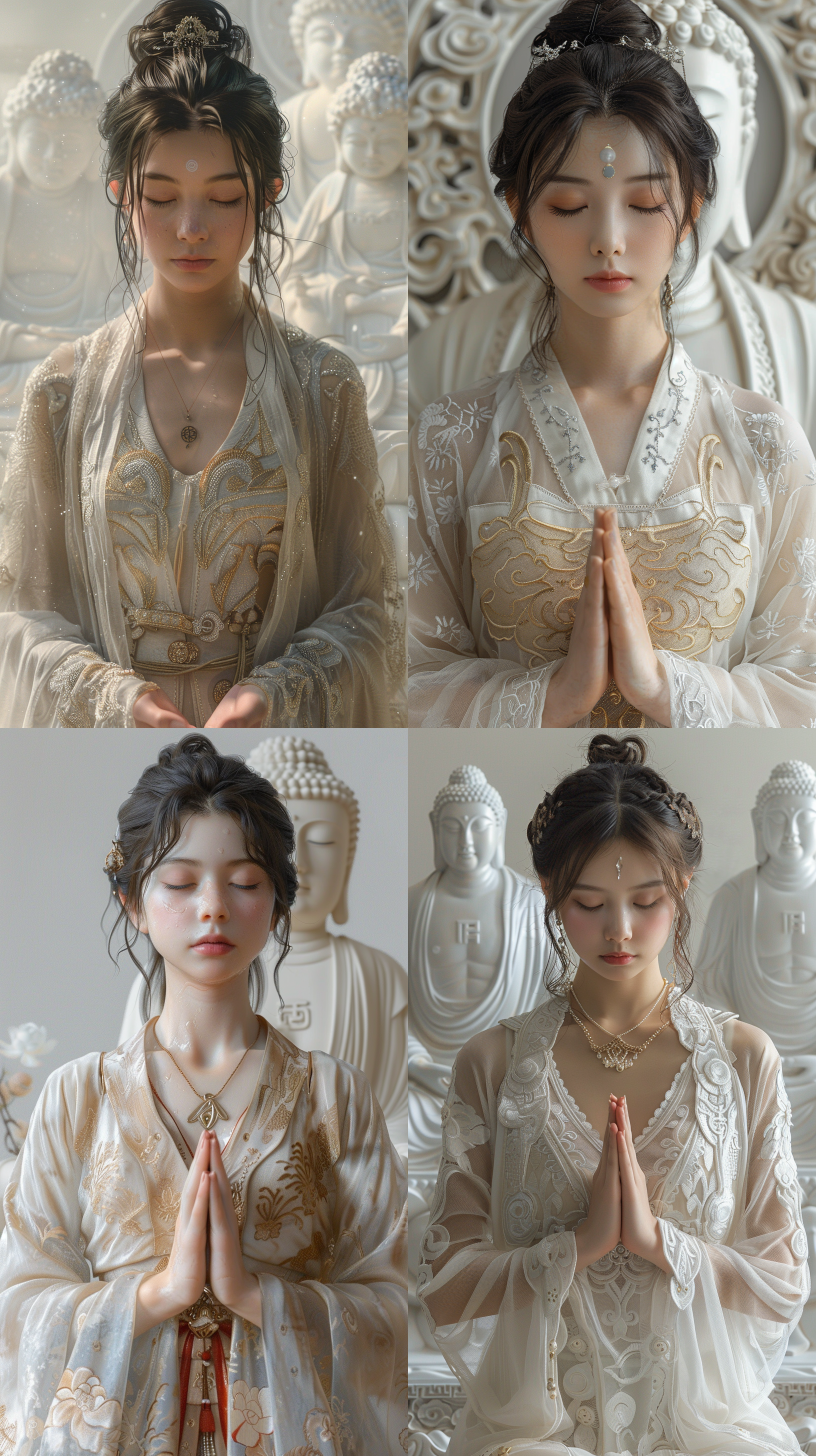 中国女孩冥想，端庄挺拔，唐代服饰，白色佛像，纯色背景，32k，超高清，写实摄影，全景图像，超细节逼真，纹理清晰，质感，增大化现实，姿态端庄，眼睛微闭，外观清晰。