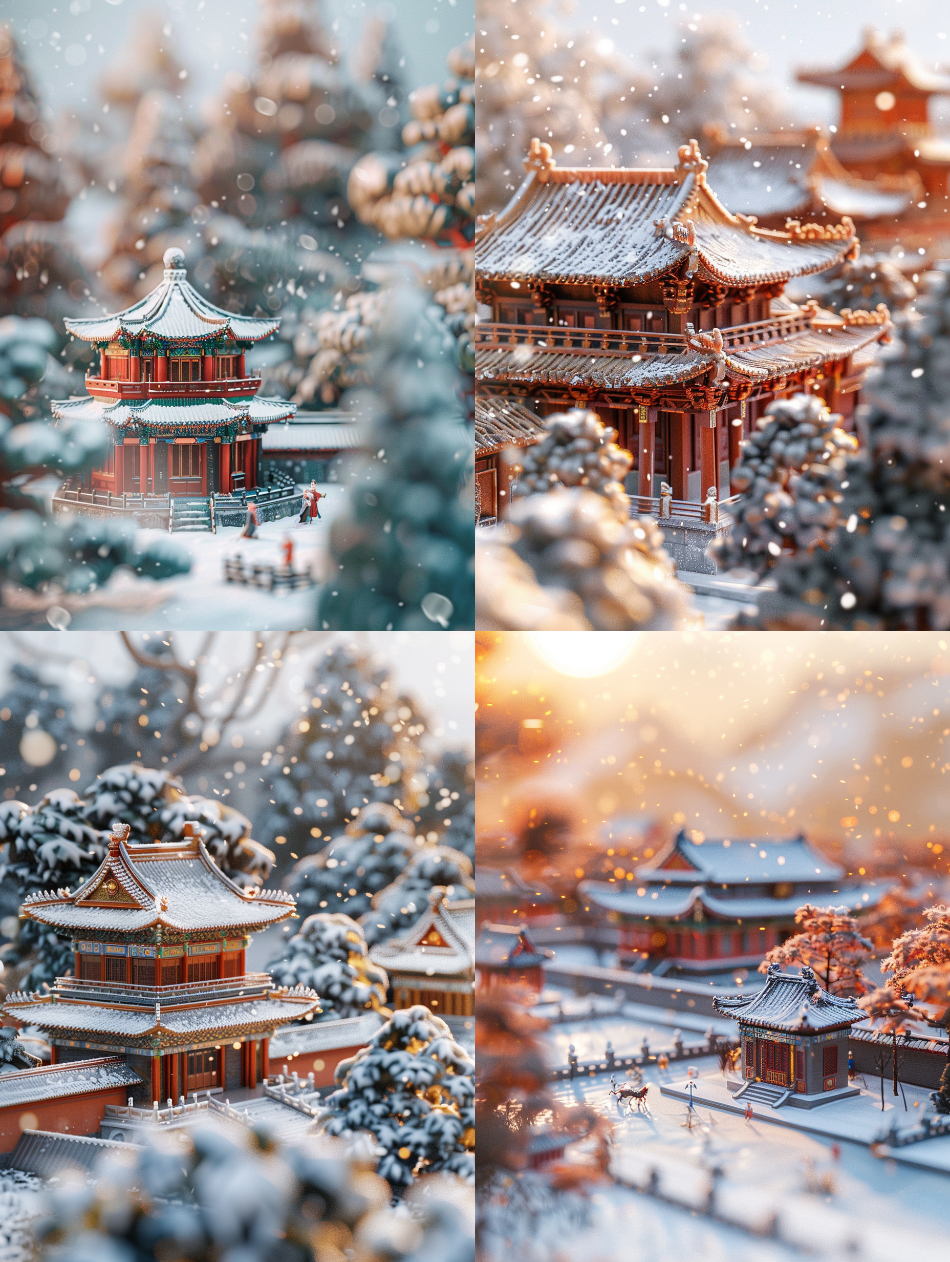 古风故宫微型景观，等距构图，3d渲染，雪景背景，超可爱粘土世界，出色照明，北京风格，人物，树木，冬天氛围，模糊背景，暖色调。