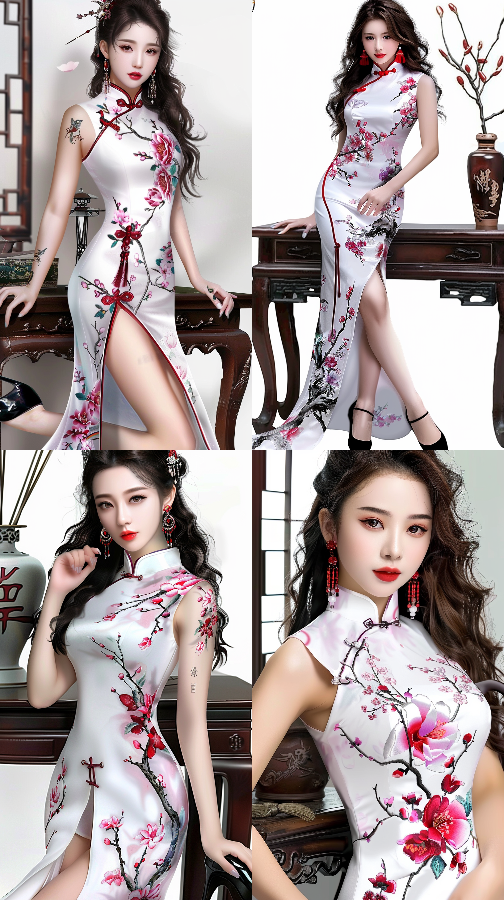 8k，中国美女，长卷发，全身照，五官端正，长腿少妇，穿着中国白色旗袍，双耳戴着红色的装饰耳环，身材火辣，旗袍下摆至小腿中间，两侧高开叉，露出完美的腿部曲线，左手撩着胸前发丝，右手随意在身旁，旗袍下摆右肩上绣着红色的红梅，黑色的枝干，绣花具有花瓶上的3d印花风格，穿着黑色高跟鞋，10mm，靠在白色墙放着的古老书桌上，背景虚化，大方，时尚，明亮的色调，
