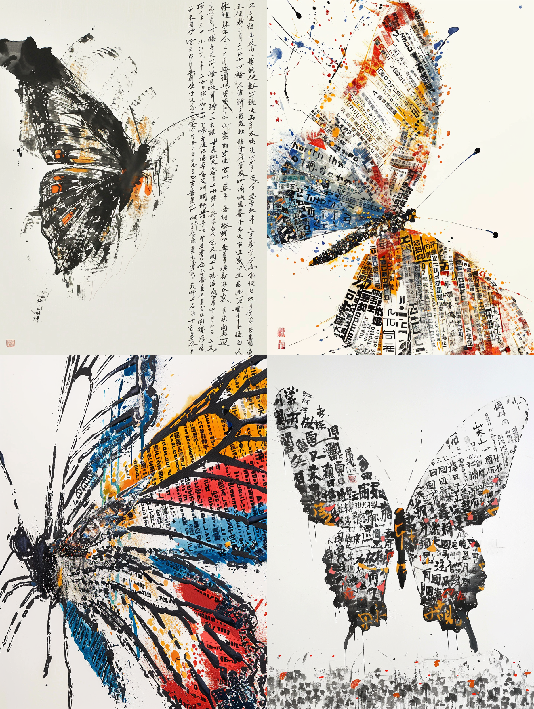 特写，一只翅膀超长的蝴蝶，翅膀展开，巨大的翅膀由无数个用大写字母书写的传统文字组成，形成无尽的文字海洋，以吴冠中的风格绘制，色彩丰富，虚实结合，线条非常优美，极简主义，纯白背景，意境水墨，文本创意，背景模糊，书法字符，肯尼亚，哈拉，水墨