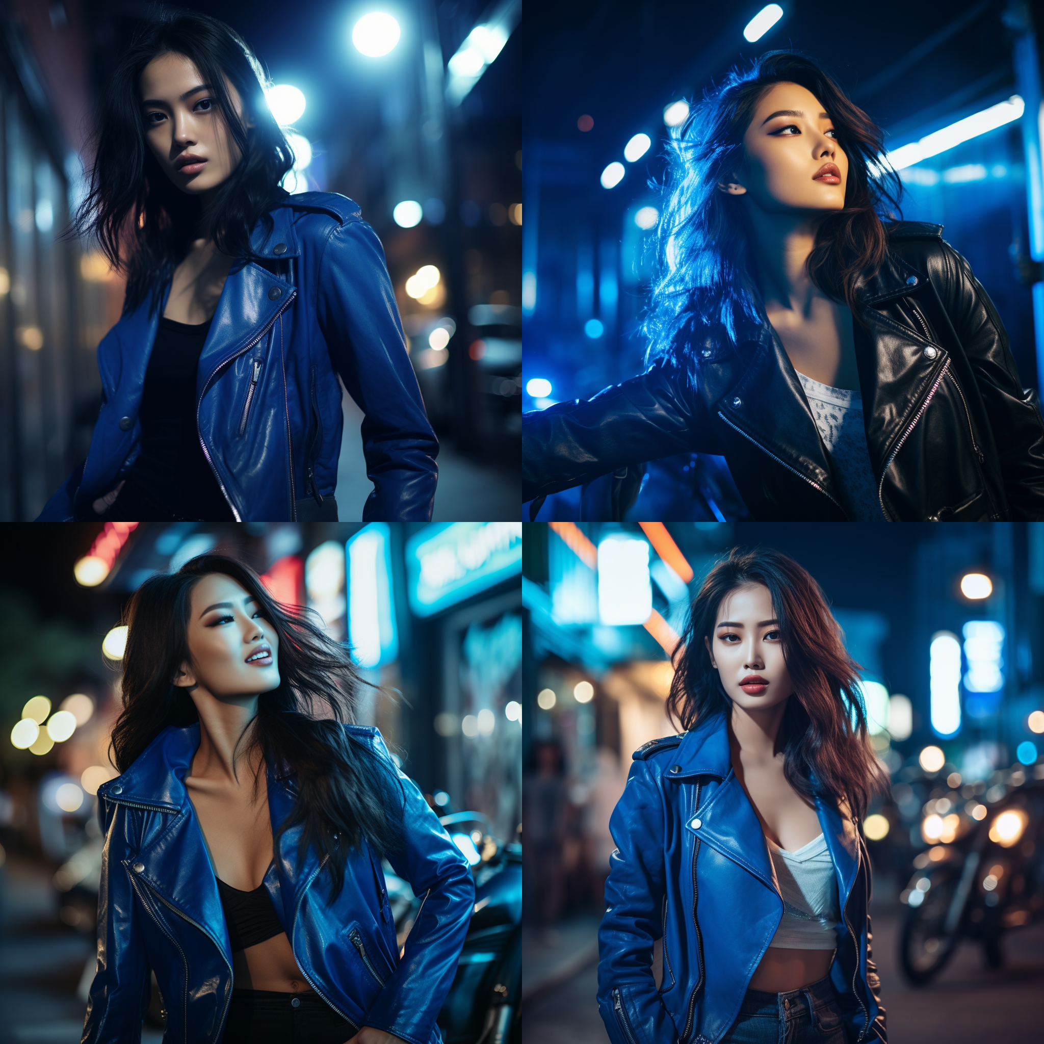 亚洲模特穿着蓝色皮衣，城市街头，时尚摄影风格，蓝调，夜晚，窄景角，侧光，自信微笑，高对比度，动感。