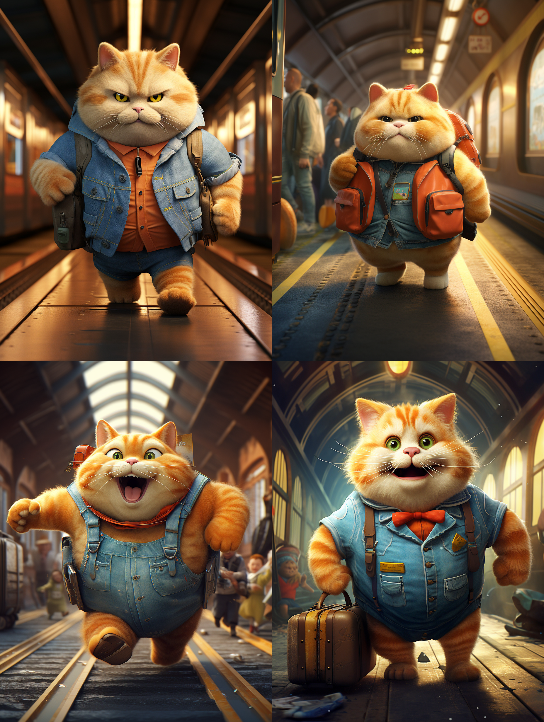 一只具有人类特质的动画风格橘黄色小肥猫，他穿着牛仔吊带裤，表情生动，怀着期待的心情回家，在现实环境中，置身于一个人类的车站中，拖着行李，在等列车回家过年