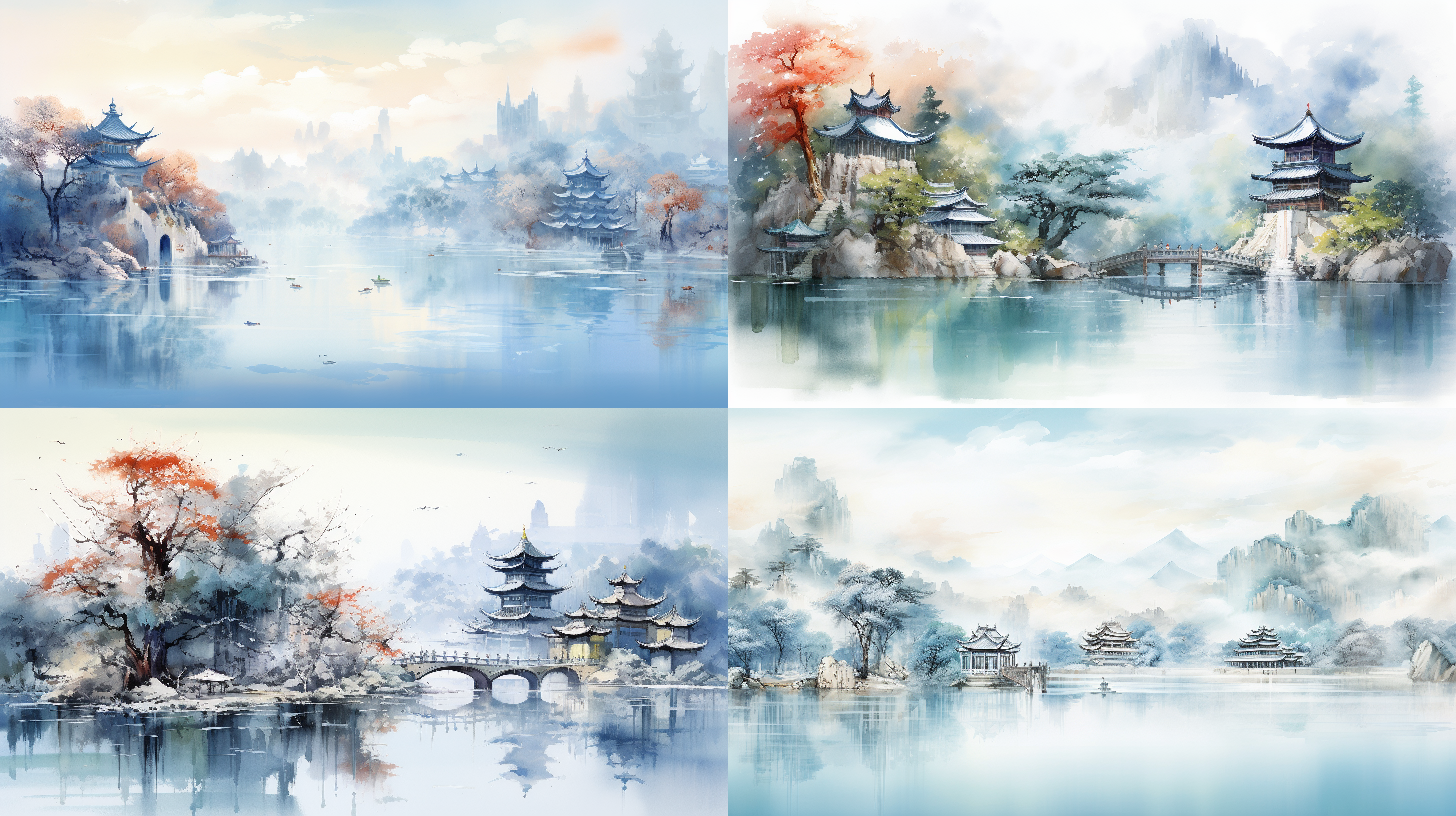 水墨画风，细腻线条，自然风景，质感阴影，浮雕，色彩缭绕，中国建筑，轻淡青色，浅金色，70:30长宽比，艺术作品，多彩风景，水景，精致。