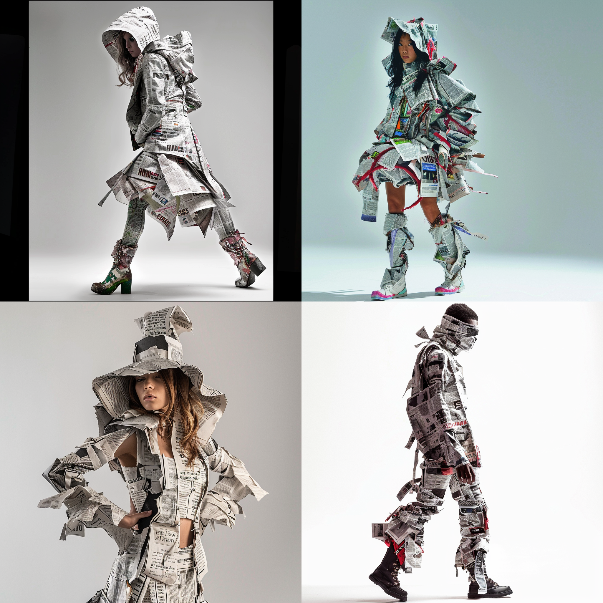 报纸服装的超现实主题，模特身穿报纸制成的服装，所有配件也是由报纸制成。拍摄风格以高清晰度和饱和度为主，环境以白色背景为主，使用长焦镜头，强烈的侧光和阴影，展现出时尚和未来感。