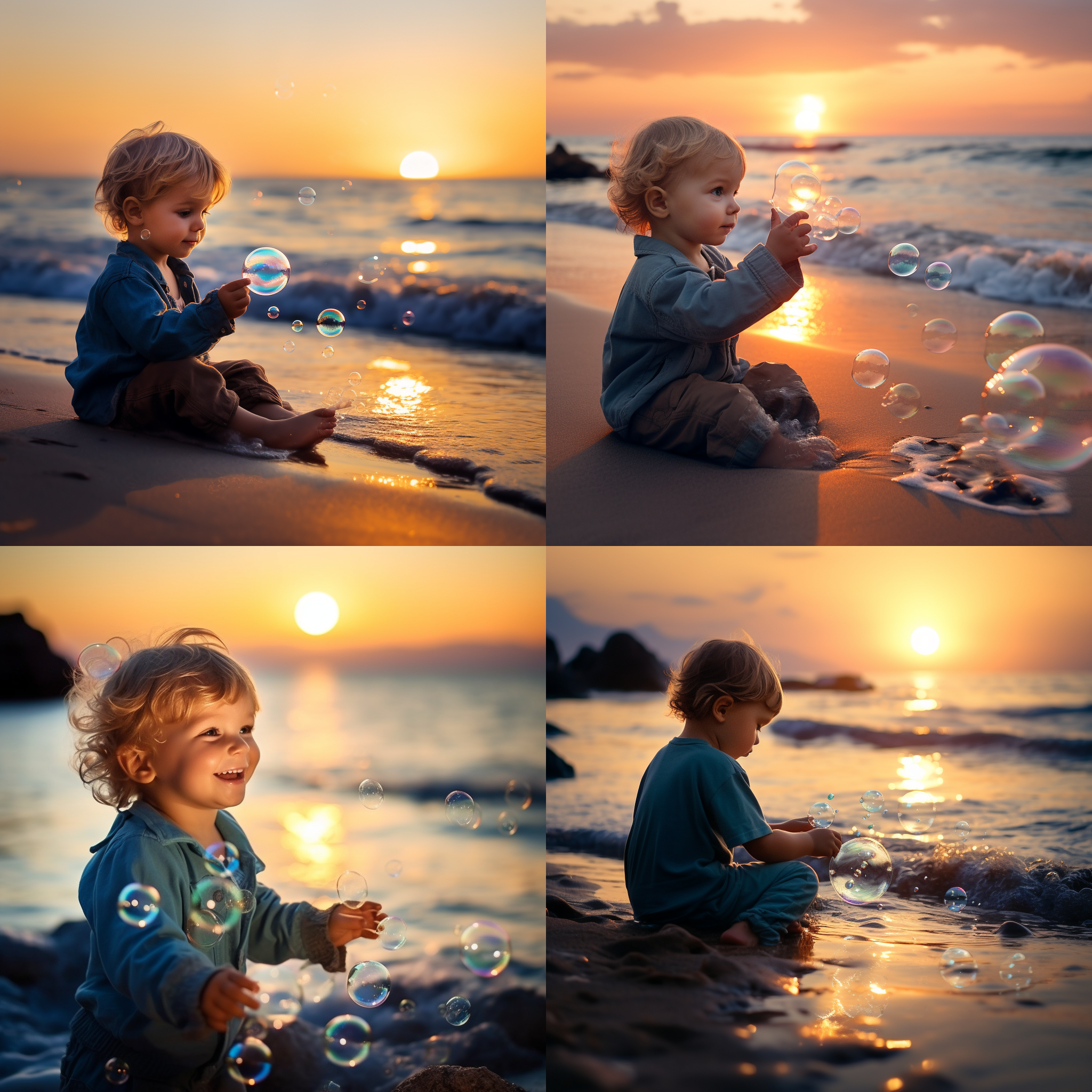 小男孩在海边吹泡泡，背对镜头，沙滩上，夕阳余晖，童真笑容，清晰轮廓，长焦镜头，柔和侧光，欢快动作，蓝色主调，快乐。