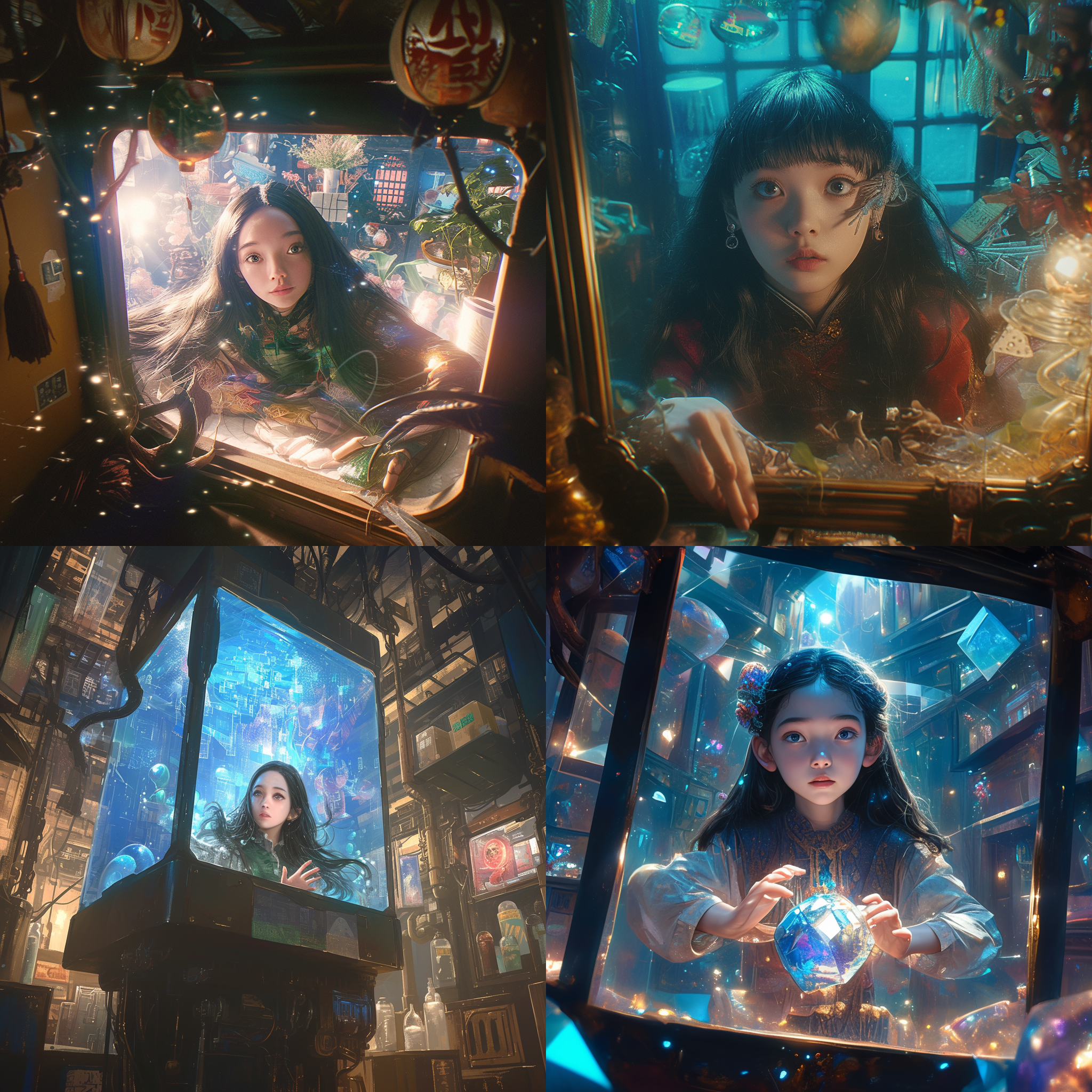 亚洲女孩长发，玻璃盒内，镜头前景，魔法店内部，童玩广告，截图，华丽中国模特，wendy froud灵感，连通性，细节惊人，切布拉什卡，阿丽塔剧照，melanie martinez，老式风格，欢乐。