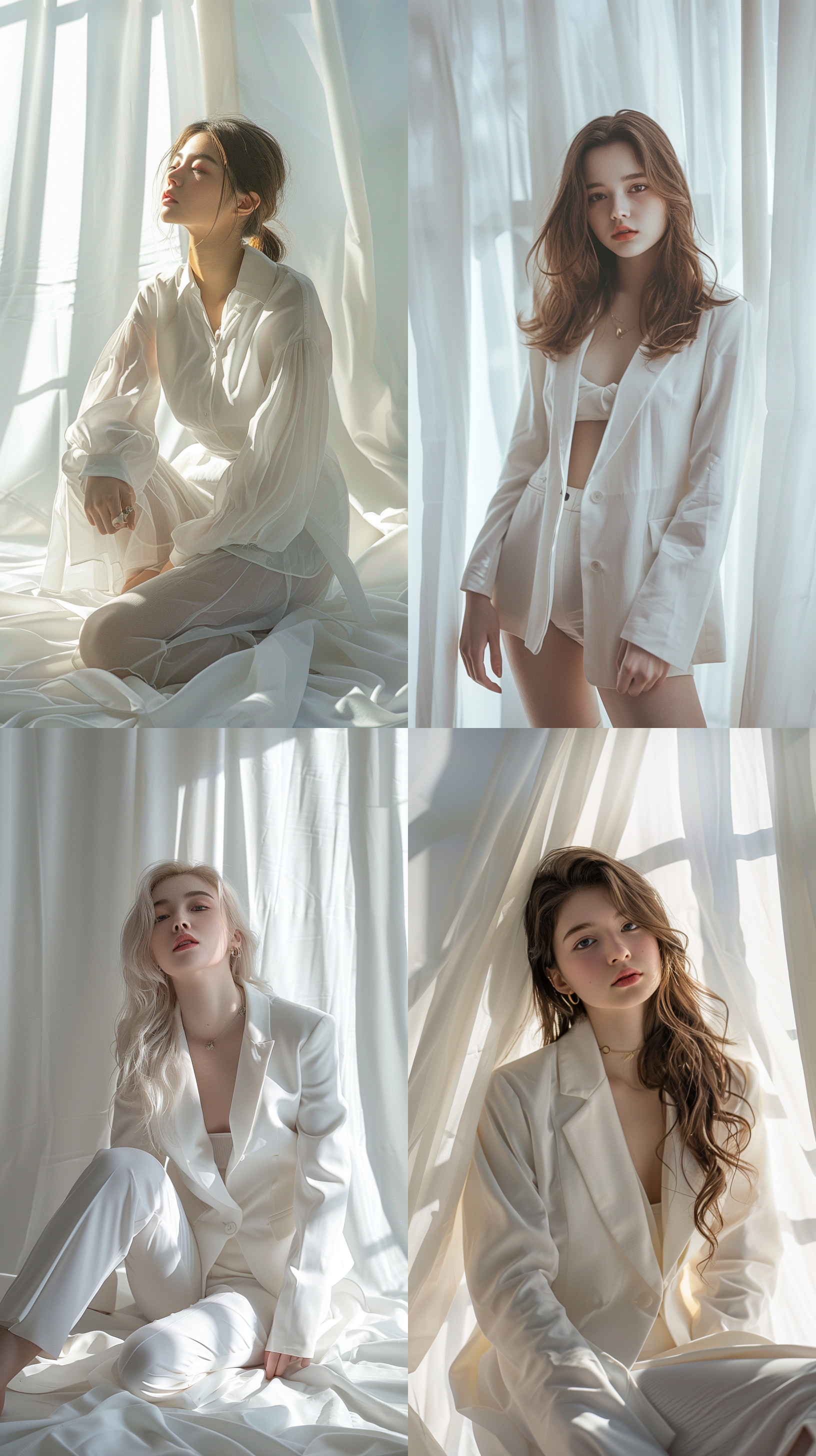 18岁女孩，白色西装衬衫，高清拍摄，写实风格，全身照，短裙，室内拍摄，摄影棚，打底裤，光线充足，白色窗帘背景，正面光，梦幻