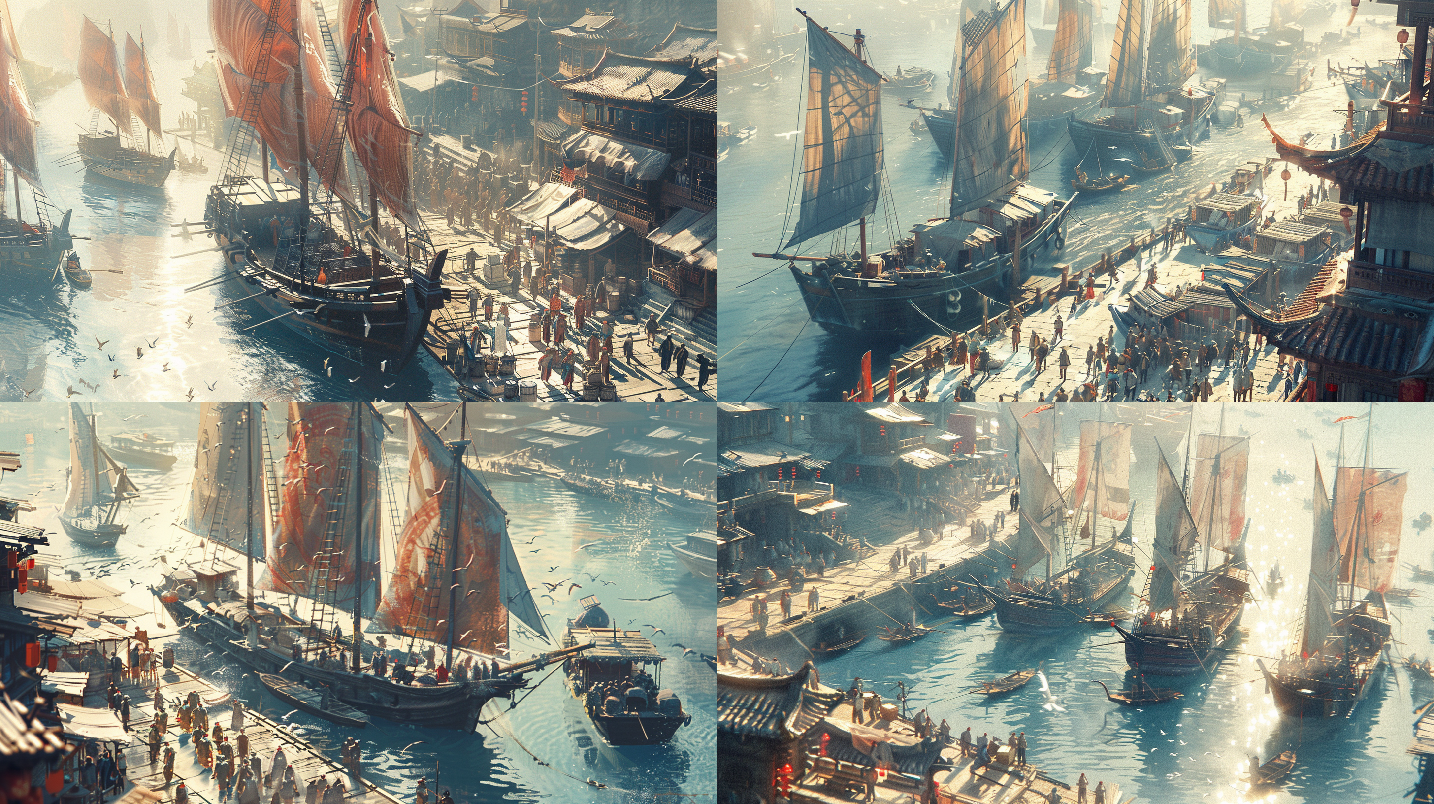 一座古朴的码头静立水边，几艘高大的东吴船只紧紧靠在岸边，船身被阳光照得闪闪发光，船帆已经降下，随风轻轻飘动，远处，水天一色，波光粼粼的江面延伸到视线尽头，与天空融为一体。偶尔有几只水鸟掠过水面，留下一串串涟漪，近处，码头上的人群忙碌而有序。船夫们正在卸货，搬运着来自远方的货物，他们的身影在阳光下拉出长长的影子。而岸边，一些行人或驻足观赏，或匆匆赶路，