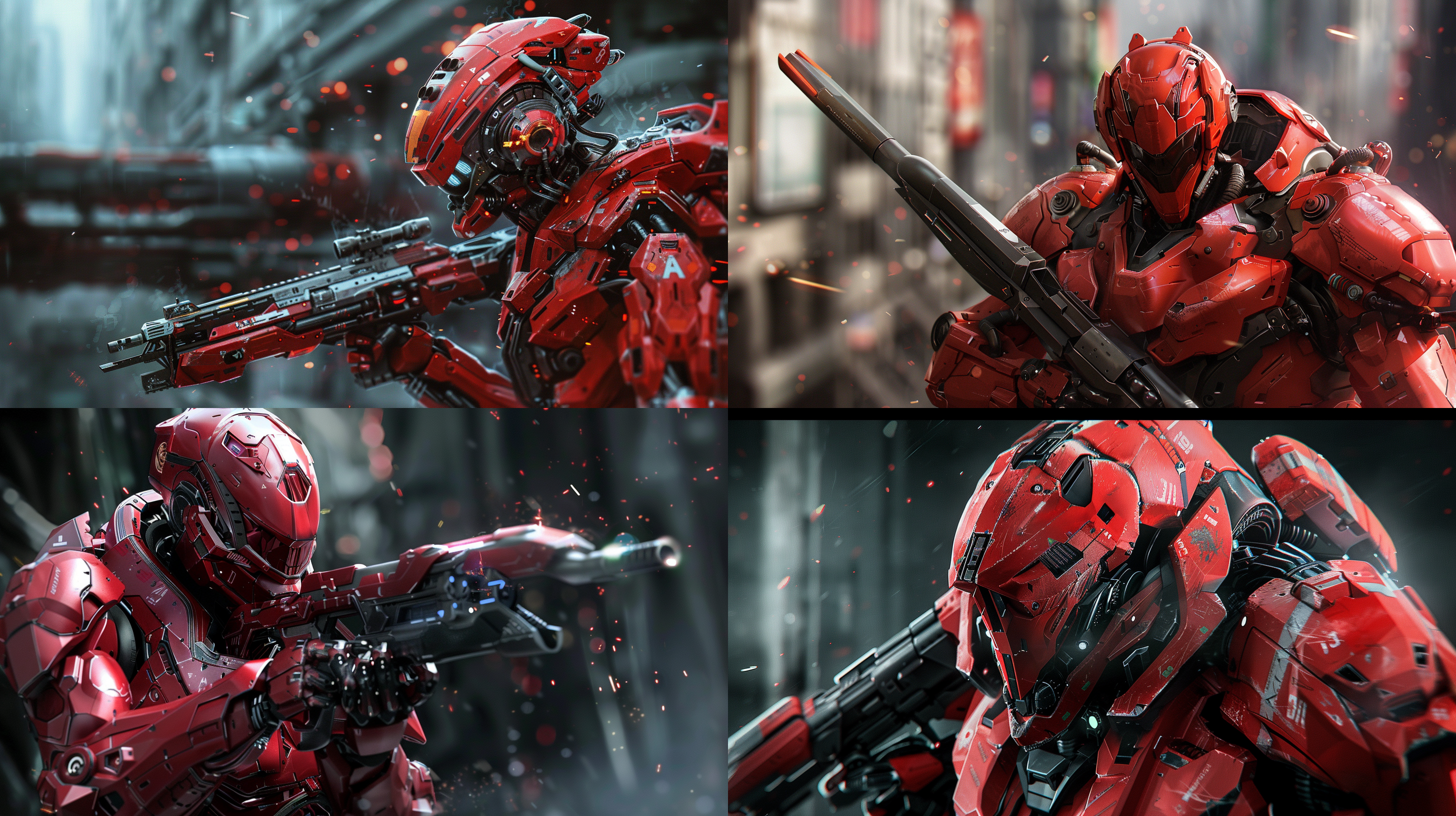 来自未来的复杂的红色机甲战士，全身像，枪支，特写镜头，战斗，金属质感，暗黑色调，透视构图，锐利对焦，动作凝固，光影交错，紧张刺激。