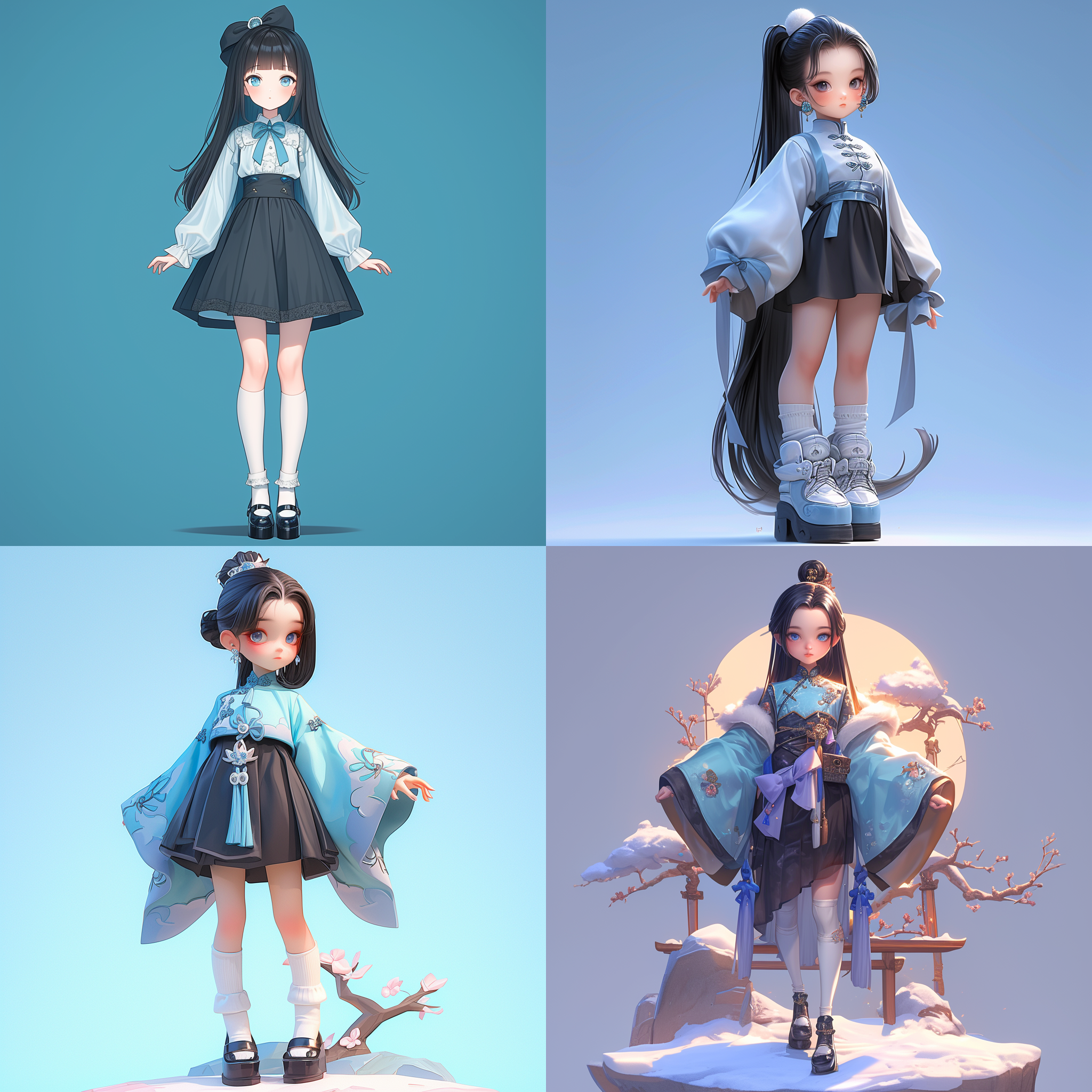 q版女性，黑色长直马尾，淡蓝色复古民国青年文艺装，黑色过膝长裙，白色袜子，一字扣带玛丽珍松糕厚底小皮鞋，纯色背景，高饱和度，柔和光线，半身特写，温馨，自信。