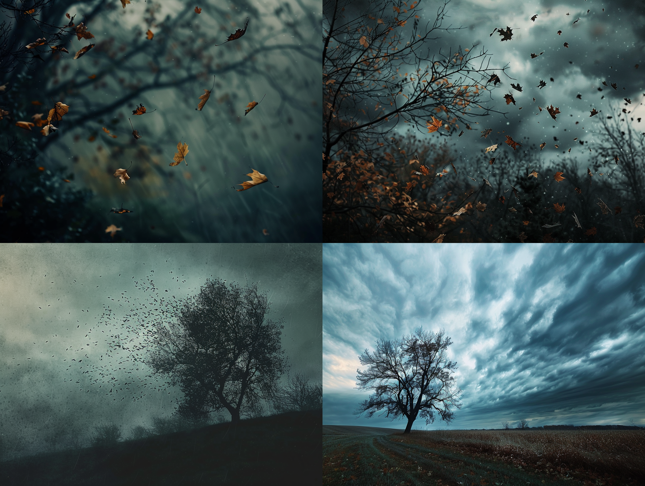 暴风雨前的宁静，风卷残叶，低气压的天气背景，乡村 风景，对角线构图，冷色调，长焦镜头，静态，树木轮廓，飘动，忧郁。