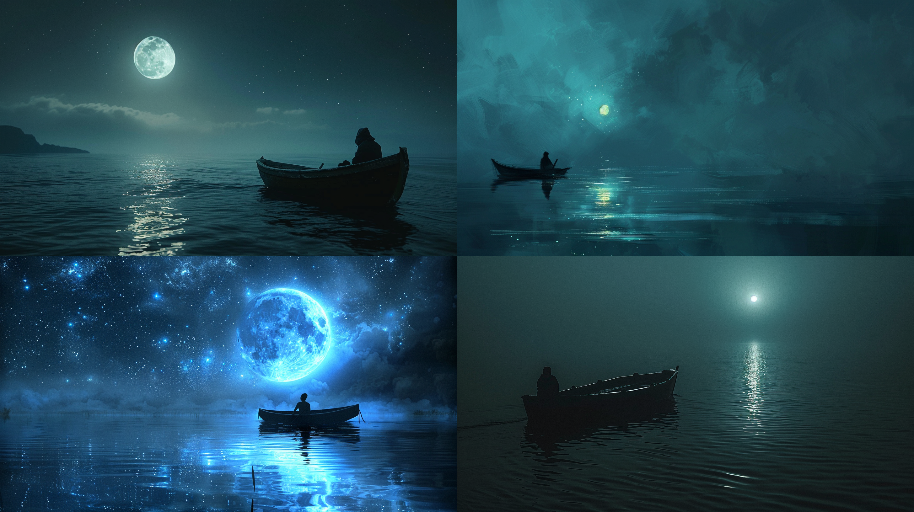 人在船上漂浮，夜晚，月光映照海面，幻想，唯美，海洋，远景，暗调，水面倒影，侧光，静态，孤独，蓝色调。