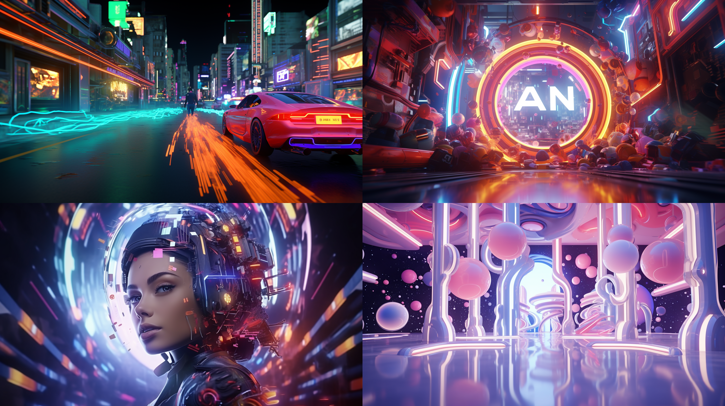 maxon cinema 4d, 色彩丰富的角色在充满活力的环境中，动态场景和相机移动，霓虹风格的灯光效果，科幻和奇幻元素，16:9宽屏比例，v5.1。