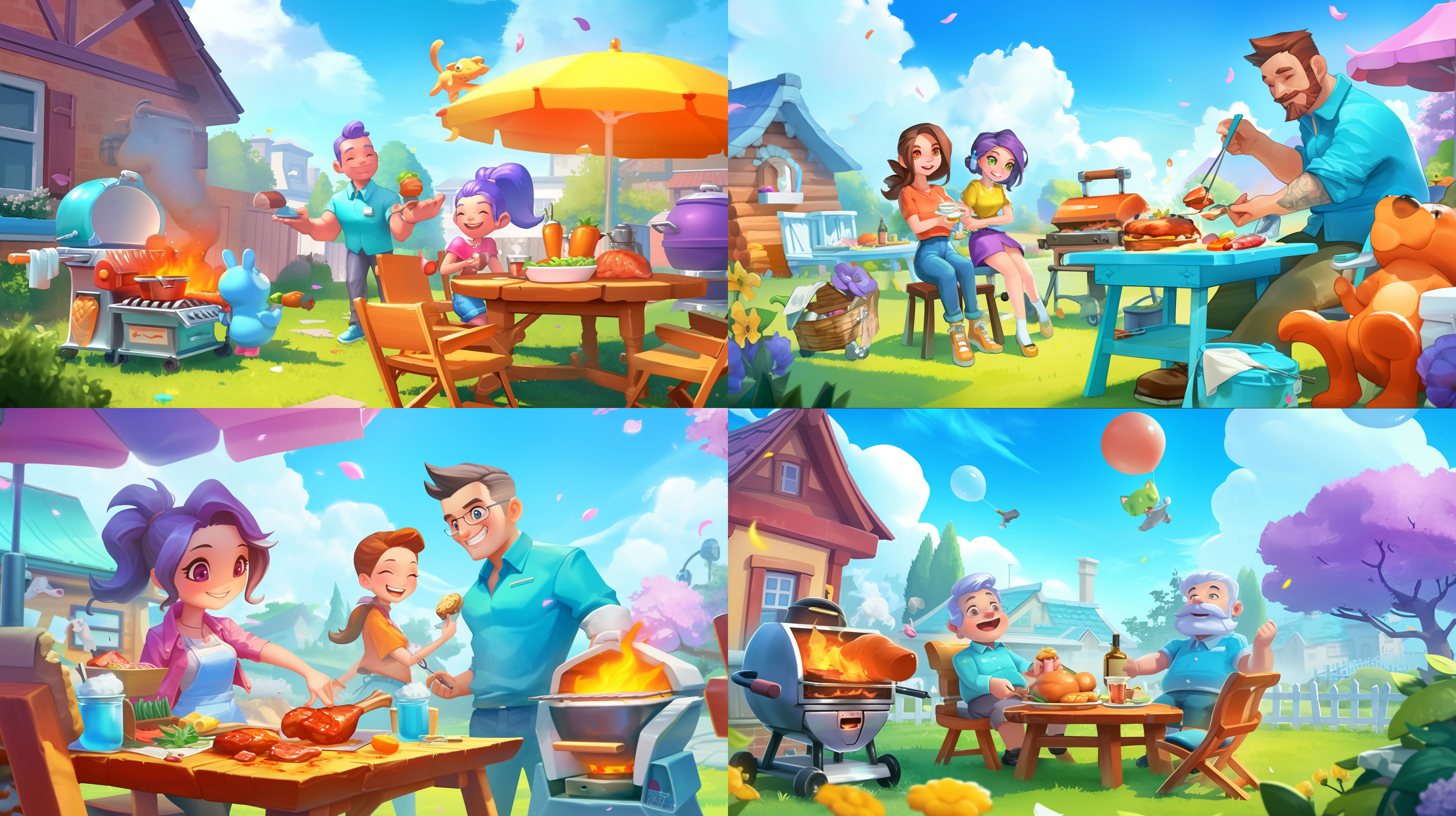 三人春天烤肉，阳光下互动愉快，色彩丰富，桌椅烤肉炉，8k插画，趣味性十足，人物各有动作，心情愉悦，生动活泼，热闹热烈，逆光拍摄，抓拍，笑容灿烂，温馨和谐。