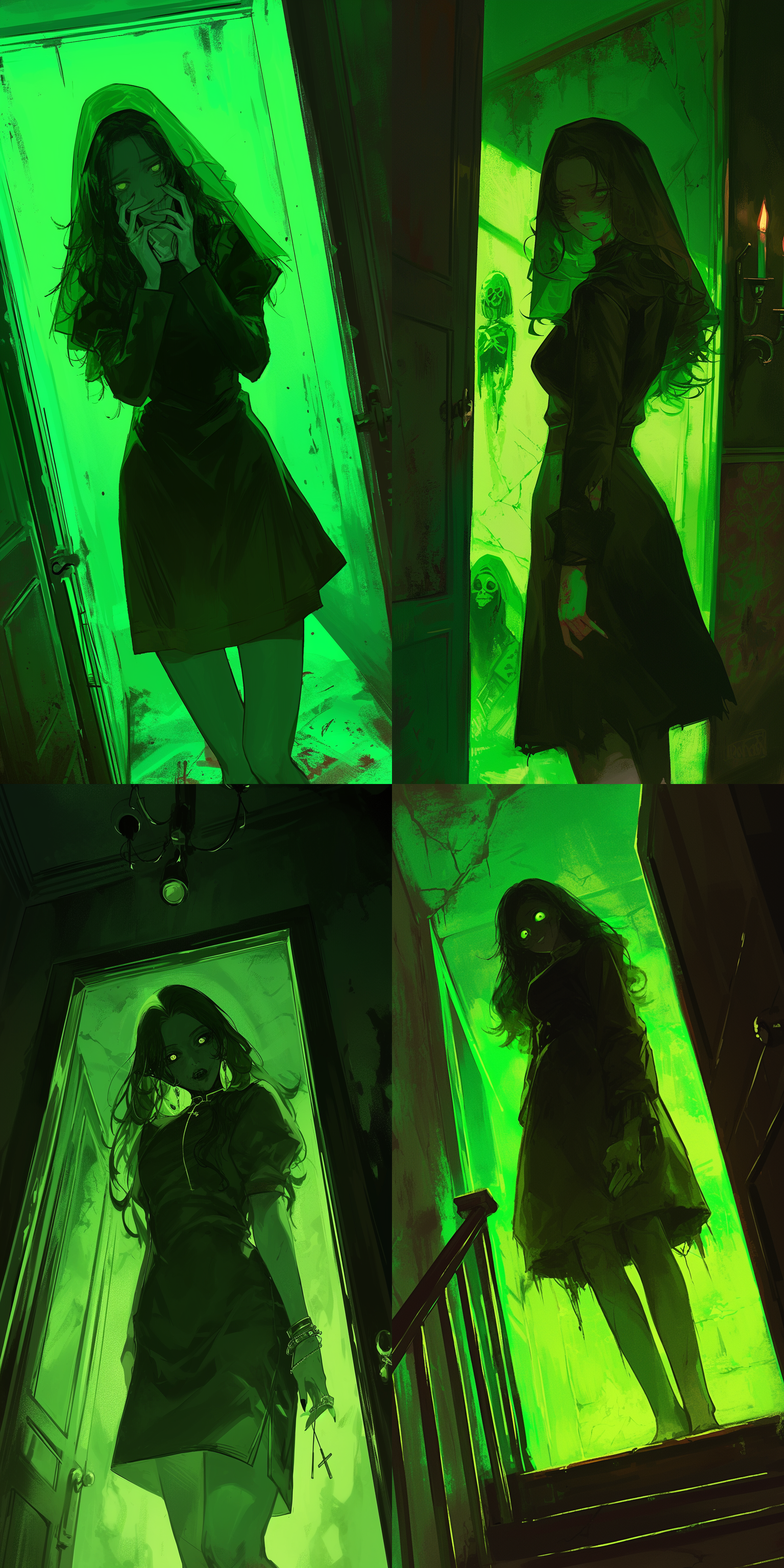 亵渎之女，恐怖氛围，惊悚感，绿色调，房屋内背景